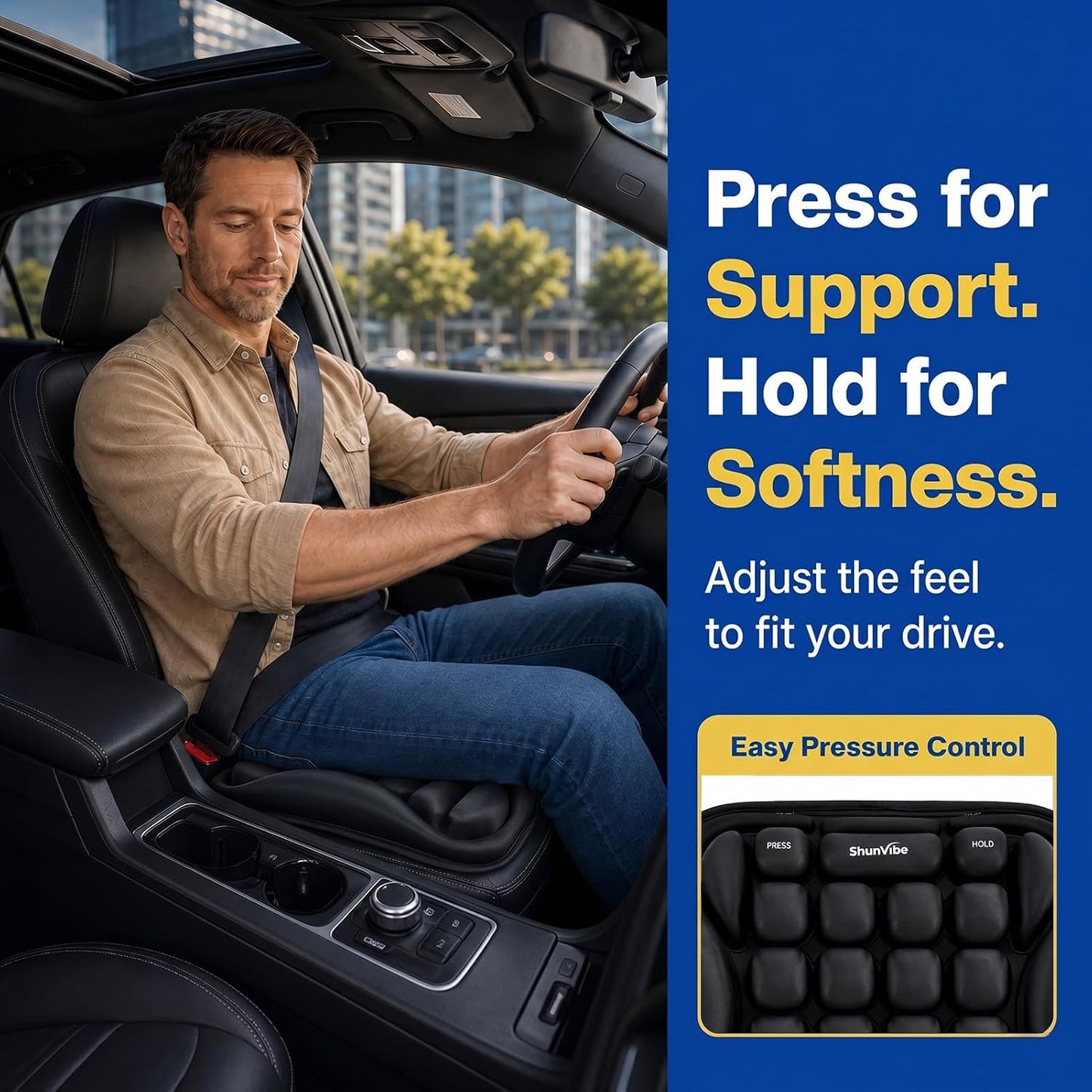 Car Seat Cushion for Long Drives, Pressure Relief Seat Pad with Built-in Pump, Adjustable Air Cell Cushion for Truck Drivers, SUV, Office Chair and Wheelchair