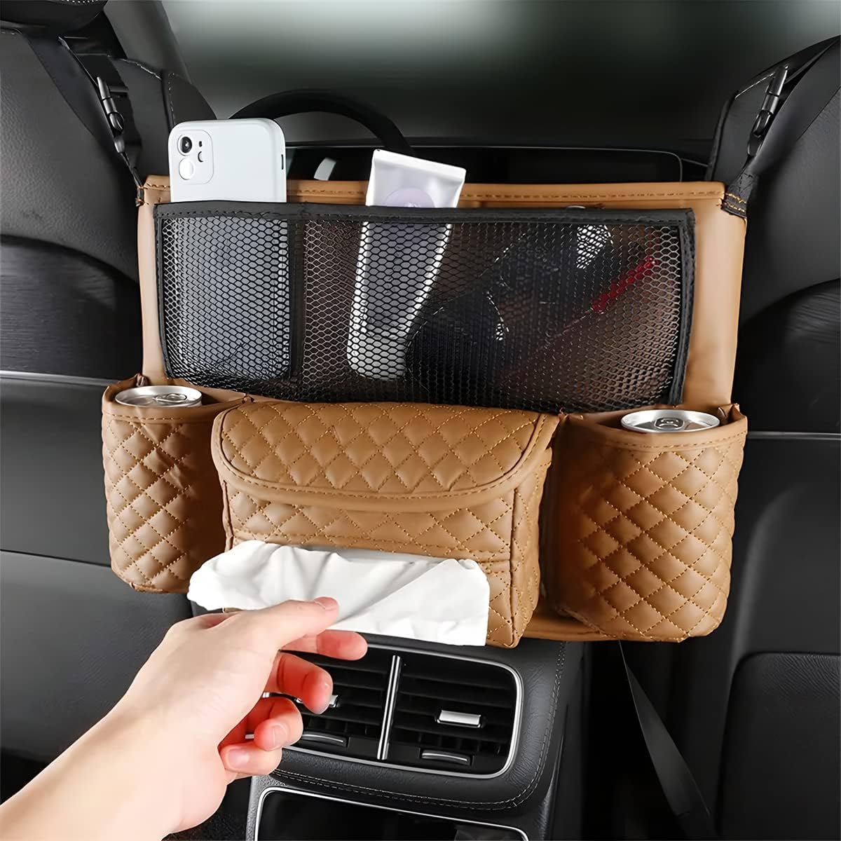 XINLIYA Car Handbag Holder Between Seats, PU Leather Multi-Pocket Large Capacity Purse Holder, Auto Net Bag Barrier of Backseat Pet Kids, Car Seat Organizers and Storage for Cargo Tissue Cup（Brown）