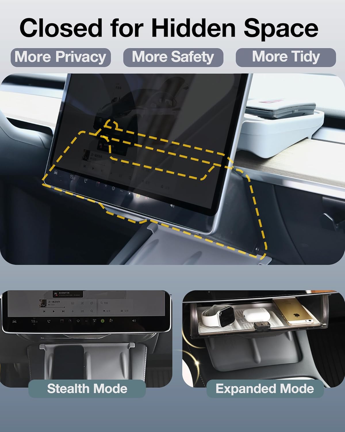 Tesla Hidden Under Screen Storage Box [One-tap Open &amp; Smooth Damping Slides] Center Console Organizer for Model Y Juniper Model 3 Highland 2026~2016 (Fit New Model Y/3 Standard, Premium &amp; Performance