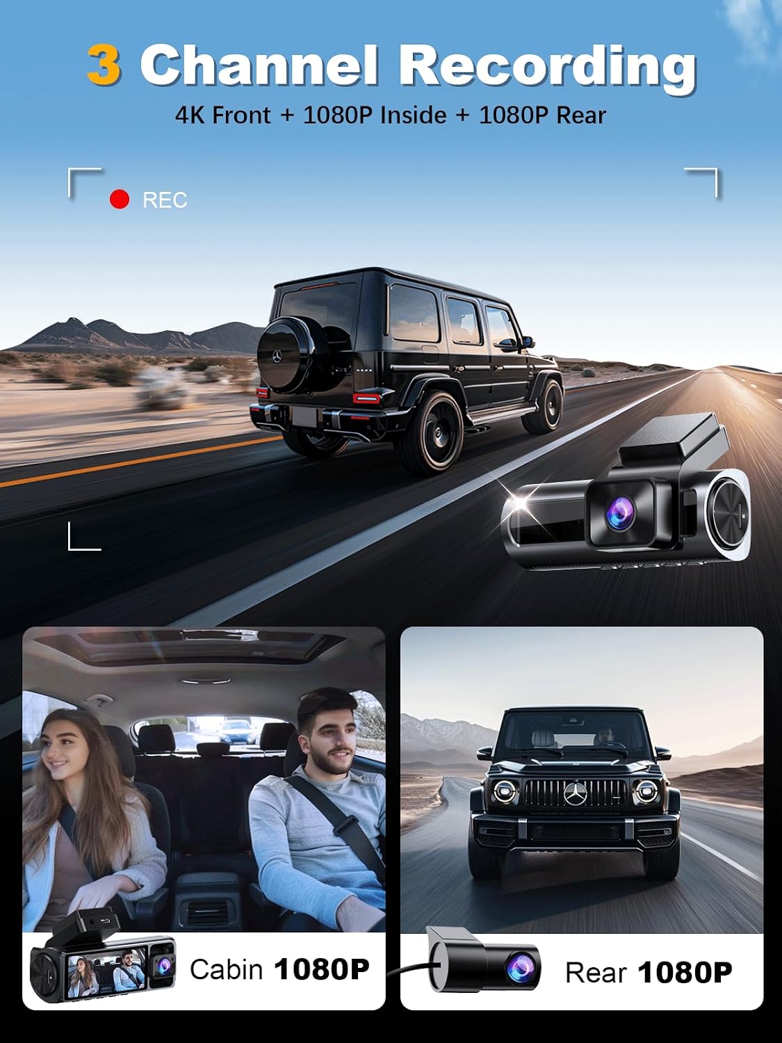 4K 3 Channel Dash Cam Front and Rear Inside, Built-in 5.8GHz WiFi GPS, 64GB Card Included, 4K+1080P+1080P Dash Camera for Cars, 3.18'' IPS Screen Dashcam with G-Sensor, 24H Parking Monitor