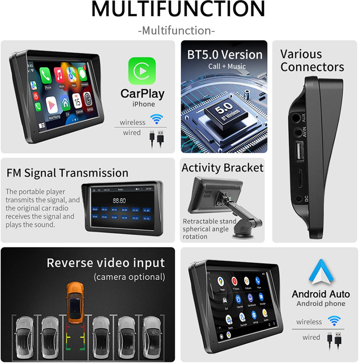 Compatible for Wireless Apple Carplay Android Auto 7 Inch Portable Car Stereo HD TouchScreen Monitor Car Radio with Bluetooth Mirrorlink FM Transmitter AUX/USB/TF Card Port Backup Camera