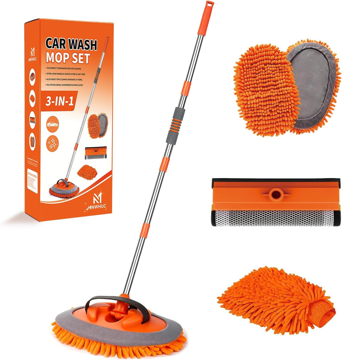 57'' Car Wash Brush with Long Handle Chenille Microfiber,3-in-1 Car Wash Mop Mitt Kit, Car Detailing Brush Cleaning Kit Window Squeegee for Cars RV Truck Boat