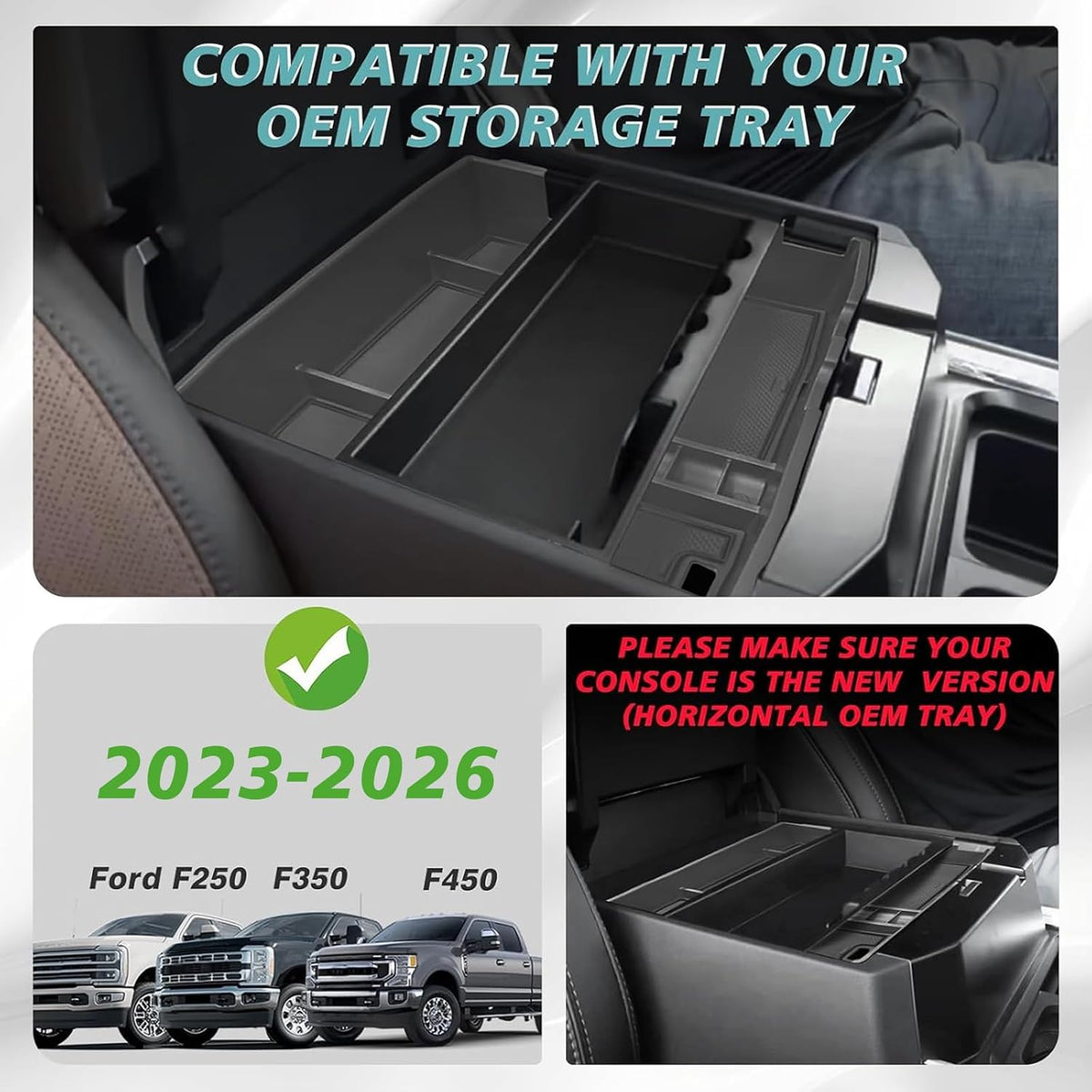 Muslogy Center Console Organizer Tray for 2023-2026 F250/F350/F450/F550 Super Duty Accessories Storage Box Divider, Fit for Ford OEM Tray, W/Black PVC Mats, Bucket Seats Only, Not for Work Surface