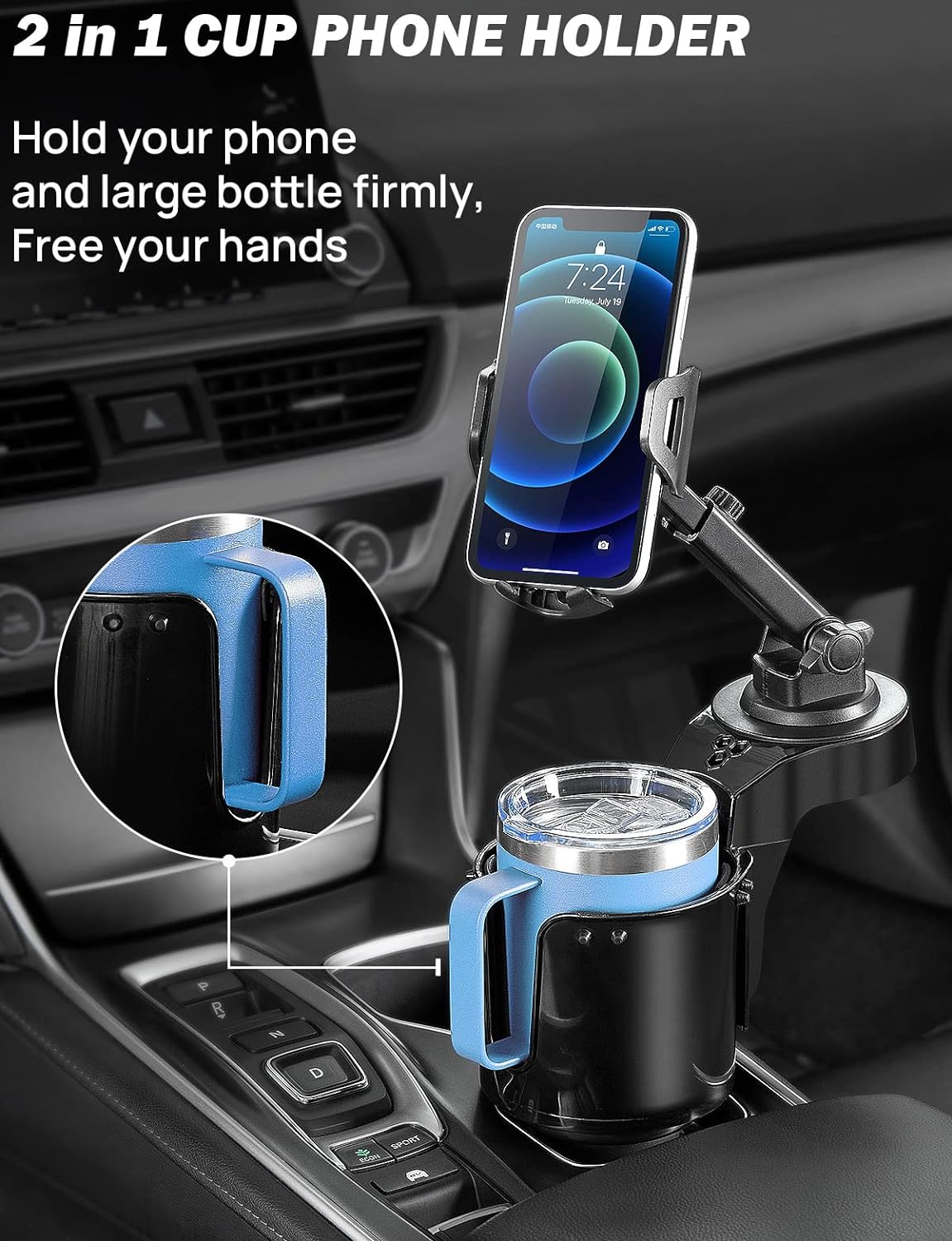 JOYTUTUS Cup Holder Phone Mount for Car, Car Cellphone Large Adapter Long Arm with 360 Degree Rotation, Compatible with iPhone, Samsung & All Smartphones,Black,1 Pack