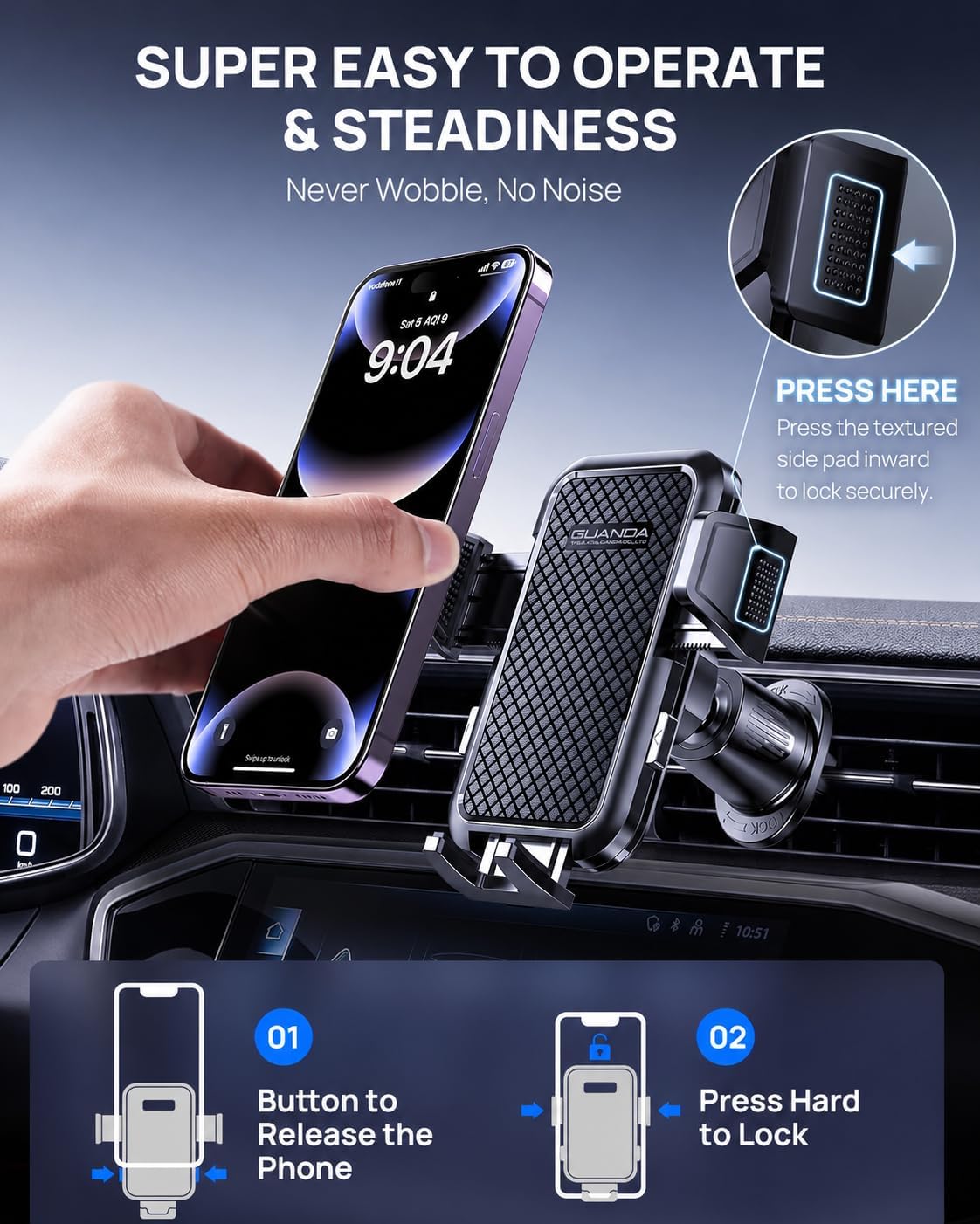 Air Vent Car Phone Holder, Metal Hook Clip, One-Hand Release, Anti-Shake