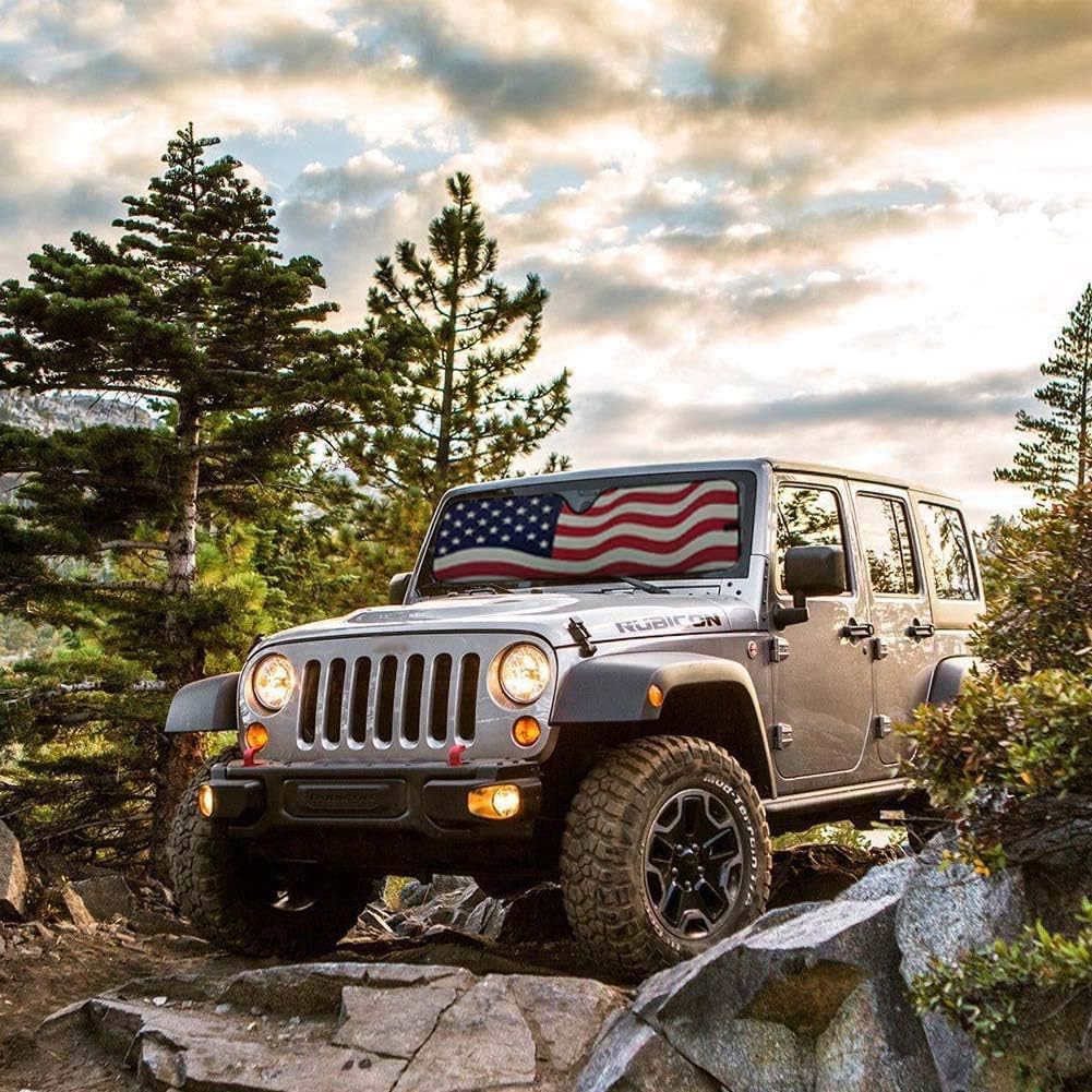Windshield Sun Shade for 2007-2023 Wrangler Rubicon Sahara TJ JK JKU 2 & 4 Door-Blocks UV Rays Sun Visor Protector,Car Sun Shade Keep Your Vehicle Cool,American Flag Car Sun Shade