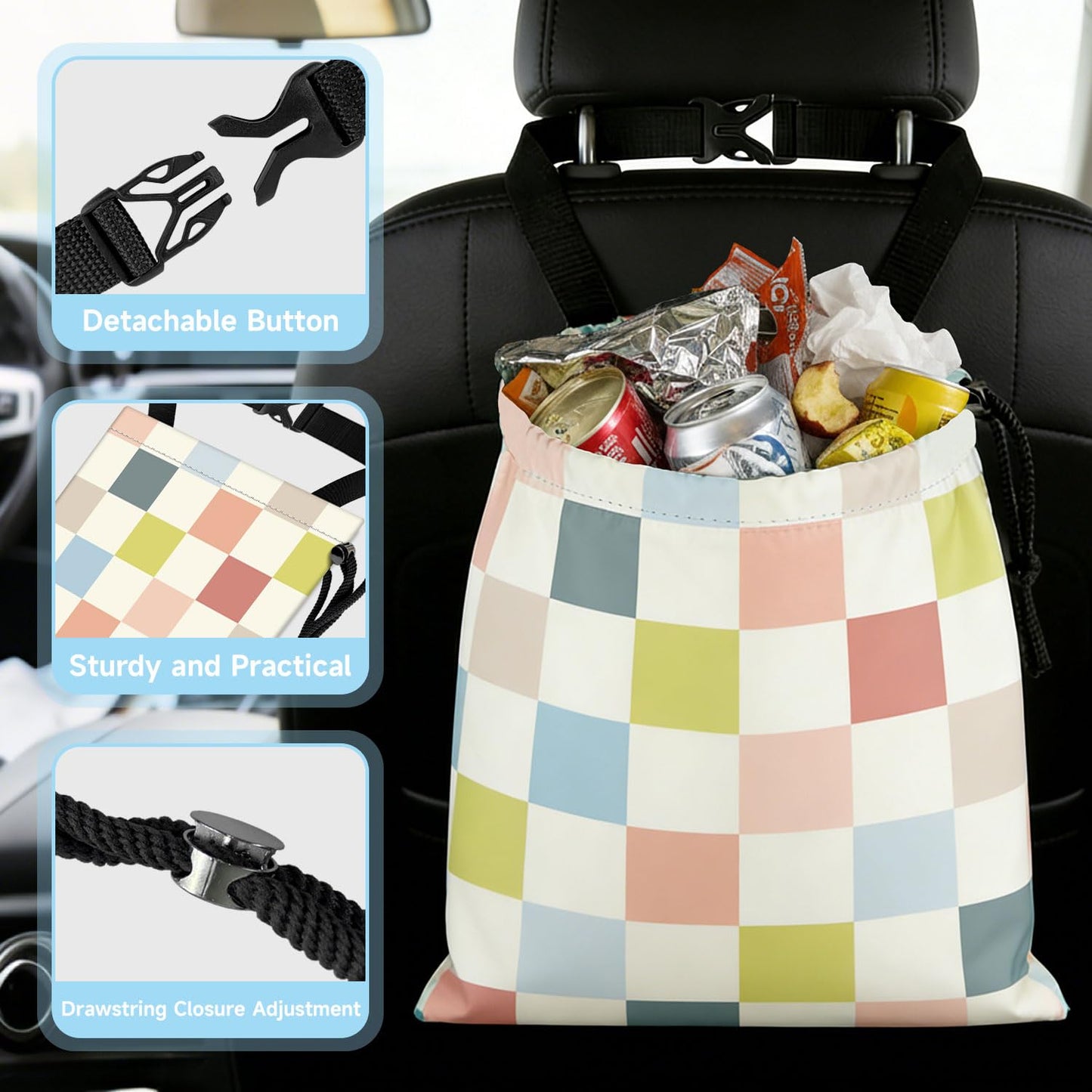 Colored chessboard Car Trash Bag - Waterproof Car Trash Bag Hanging Leakproof Car Garbage Bag - Washable Reusable Trash Bag For Car Interior Hanging Organizer Storage Vehicle Travelling Camping