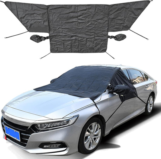 Car Windshield Sun Shade for UV Dust Ice Frost Snow Bird Droppings Outside - Extra Large Thick Oxford with 6 Straps, Summer Sunshade Winter All Weather Protector Cover Universal (Black)