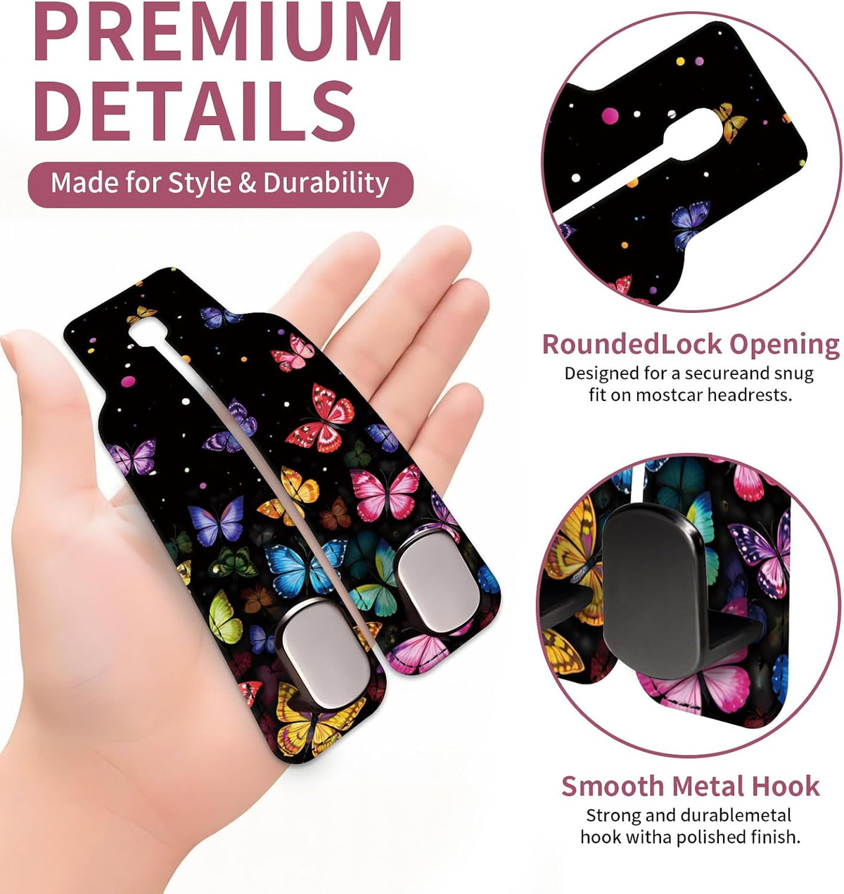Car Seat Back Storage Hook, Funny Car Purse Hook, Cute Vehicle Storage Organizer for Purses Handbags Butterfly Galaxy Pattern
