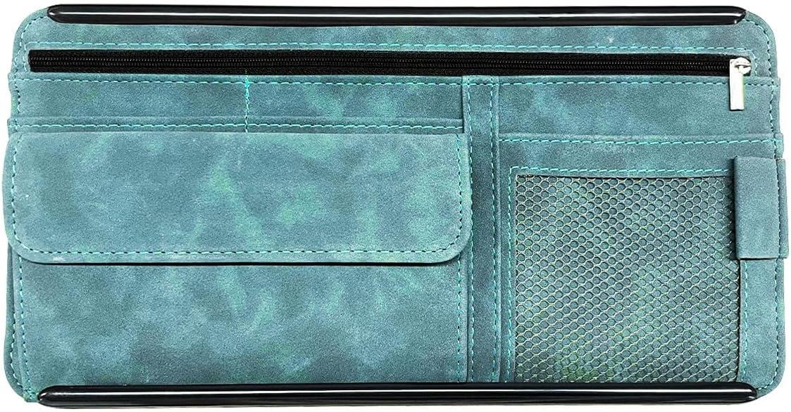 Car Sun Visor Organizer, Car Storage Pouch Holder with Multi-Pocket Net Zipper, Suede Note Holder Car Visor Storage Organizer with Glasses Case, Sunglass Holder for Car Interior Accessories (Blue)