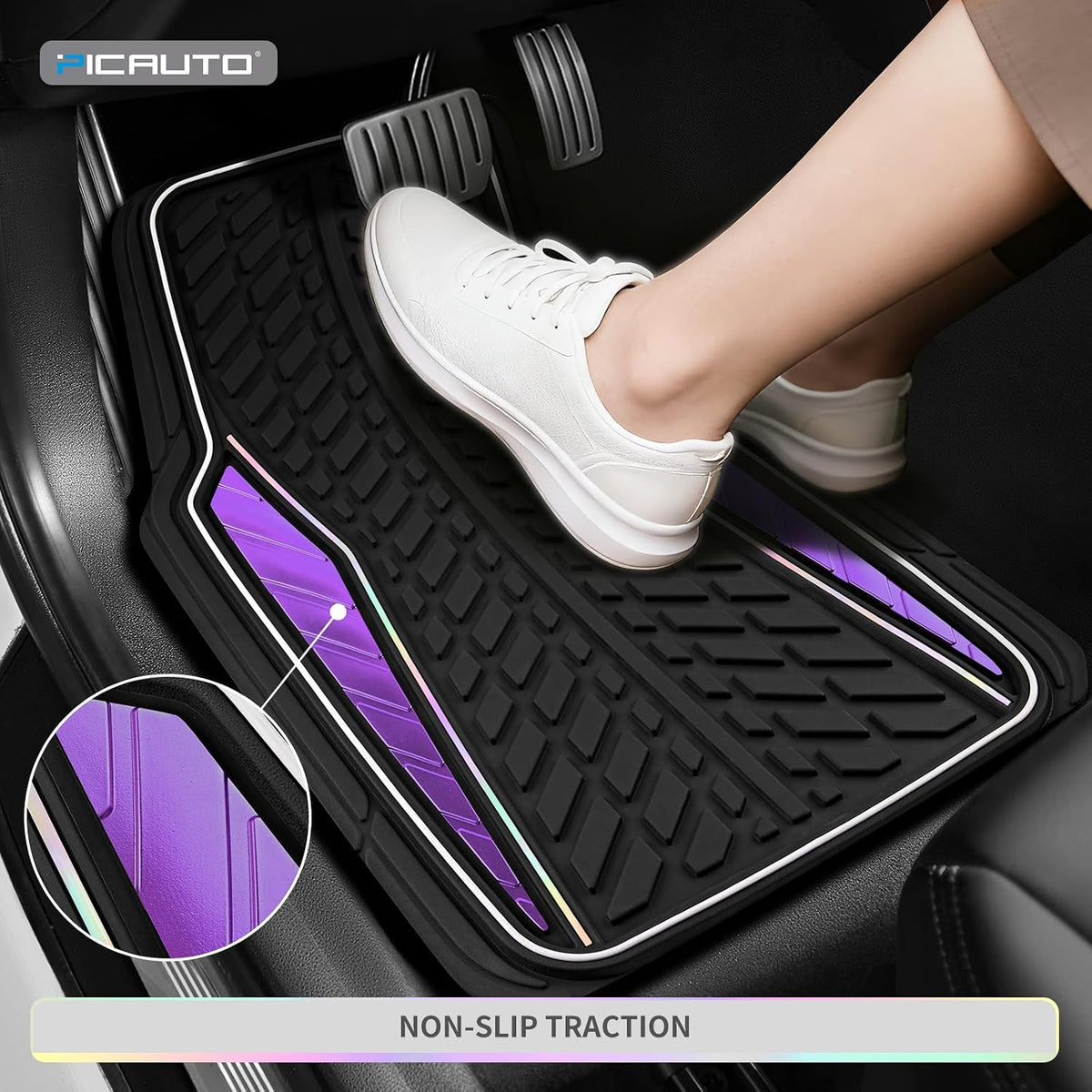 PIC AUTO Car Floor Mats, Purple Aluminum-Molded with Full-Circle Iridescent Inlay Strip Car Mats, Universal-Fit Rubber Mats for Cars, Trucks & SUVs, All-Weather, Non-Slip, Easy-to-Clean Interior Mats