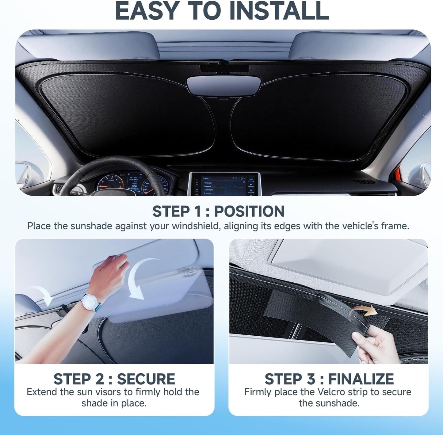 [Upgrade] DooGooCoo Windshield Sun Shade - Medium, Sunshade for Car Windshield [100% Sunlight & UV Block] Car Sun Shade Windshield Protect & Keep Car Cooler Foldable Front Windshield Shade (64x32 in)