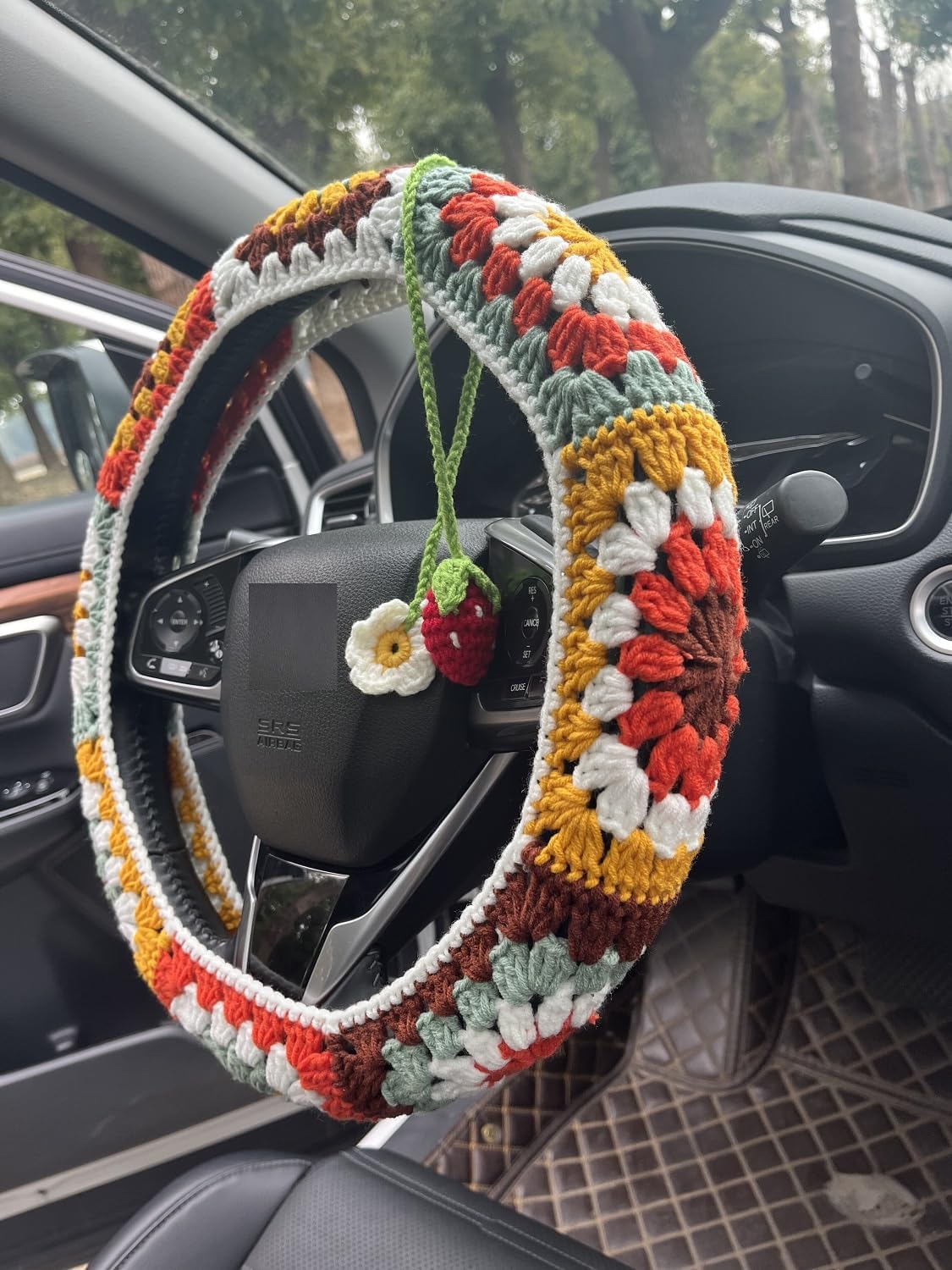 Steering Wheel Cover,Handmade Crochet Rainbow Sunflower Granny Square Steering Wheel Covers (Steering Wheel Cover+1strawberry)