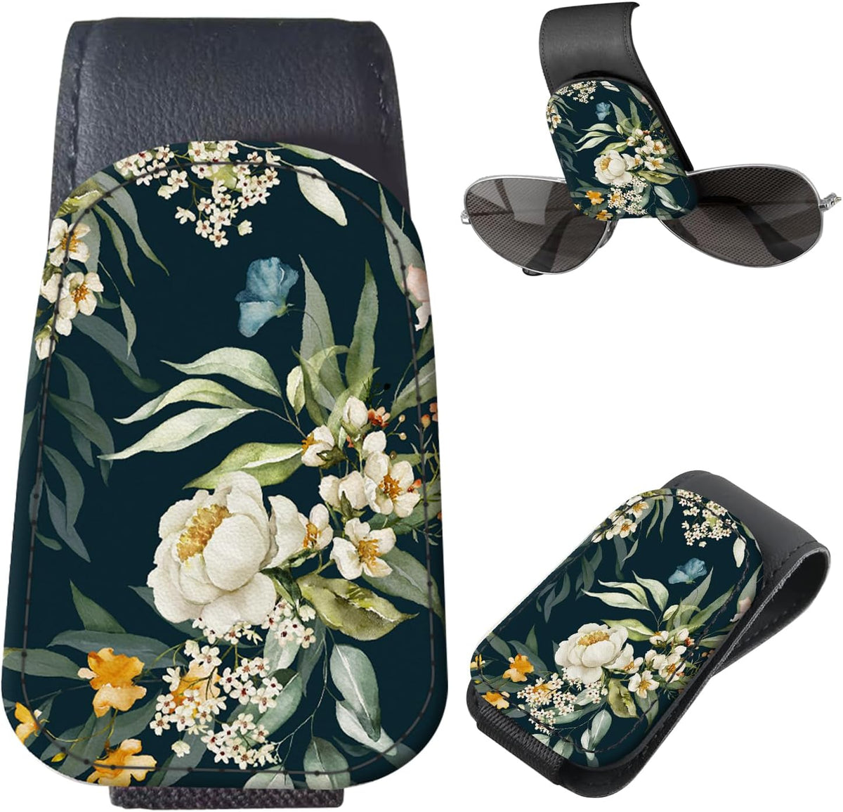 Sunglasses Holder for Car Visor, PU Leather Glasses Clip Organizer, Cute Magnetic Eyeglass Holder for Vehicle Sun Visor, Car Interior Accessory for Women & Men Dark Floral Lily
