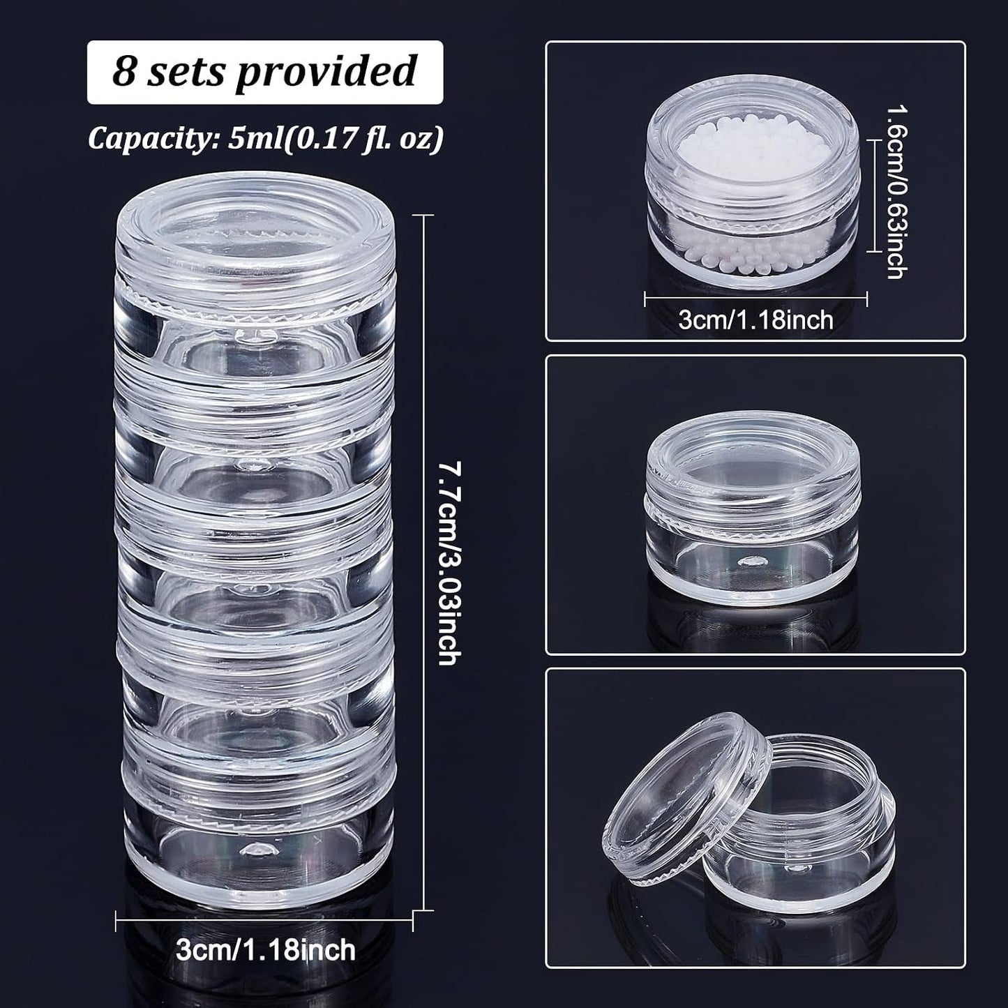 BENECREAT 5G/5ML Stackable Round Plastic Containers 8 Column(5 Layer/Column) Bead Storage Jars for Seed Beads, Diamond Drills and Other Jewelry Components