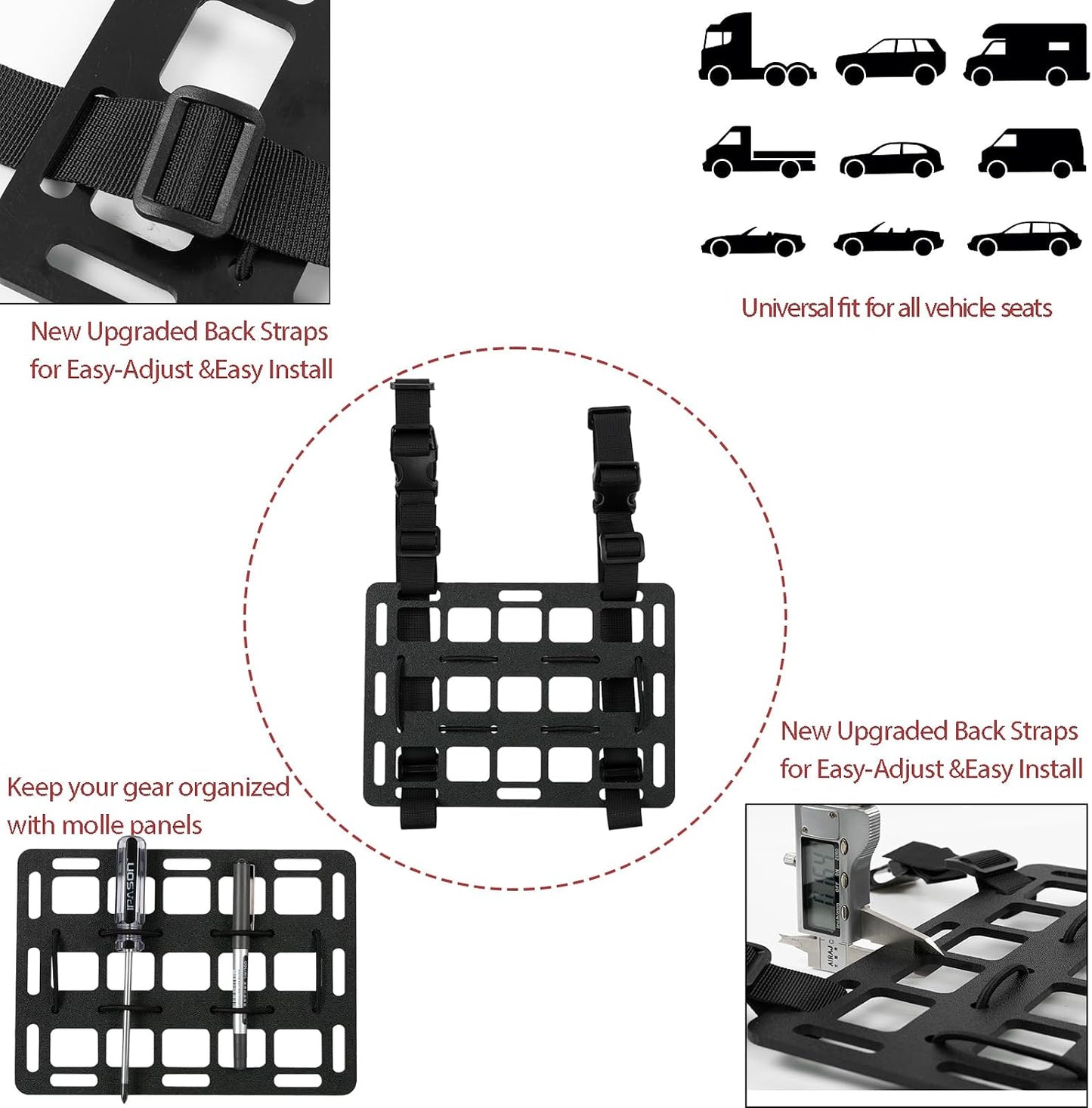 Rigid Molle Panels for Vehicles + Molle Headrest Panel Universal Tactical Molle Seat Back Panel Organizer Modular Storage & Display for Tactical Gears Accessories