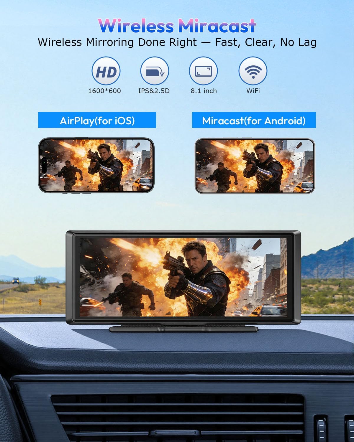 ESSGOO 8.1" Wireless CarPlay & Android Auto Screen for Car with HD Back Cam