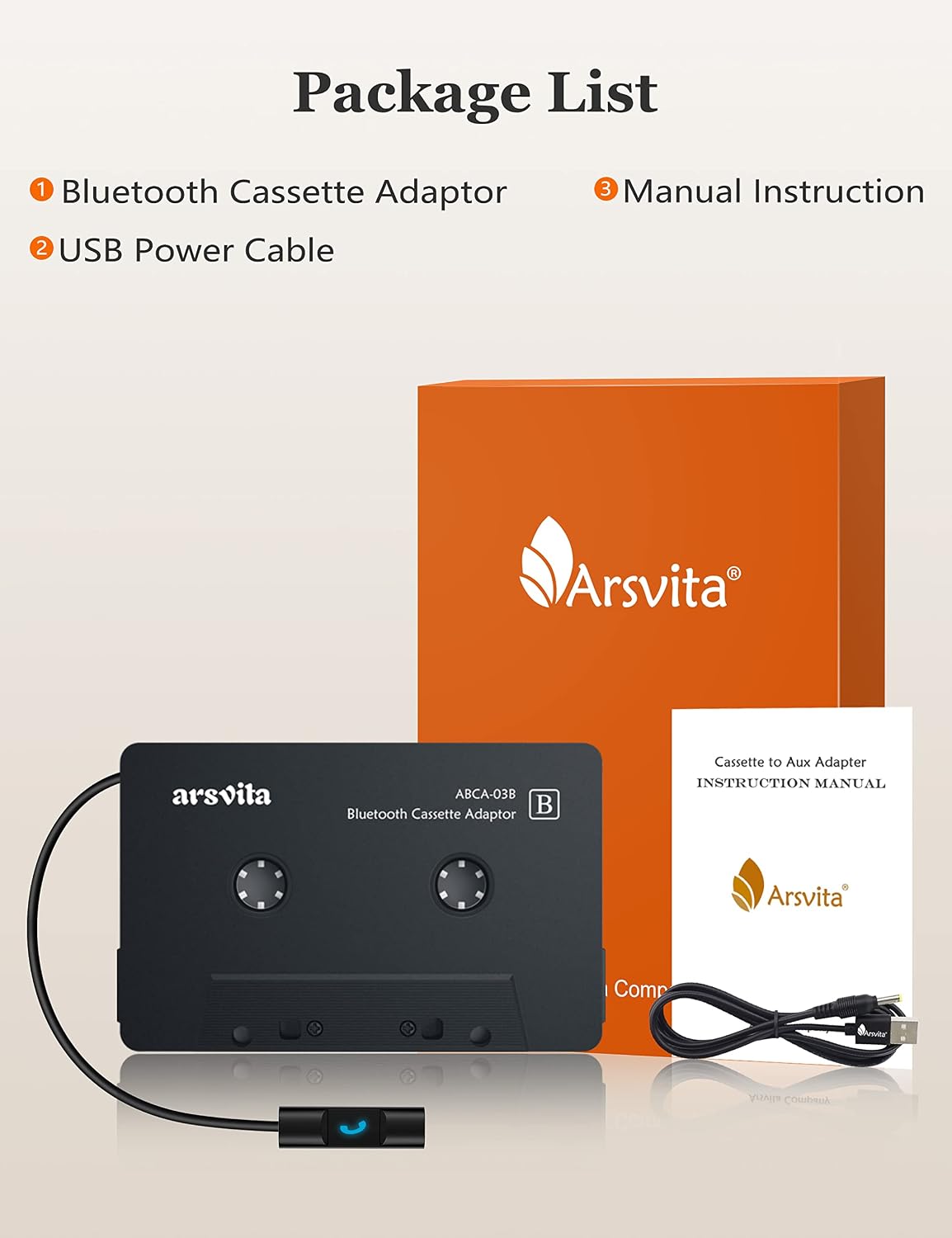 arsvita Bluetooth 5.0 Cassette to Aux Adapter for Car, Charcoal Black