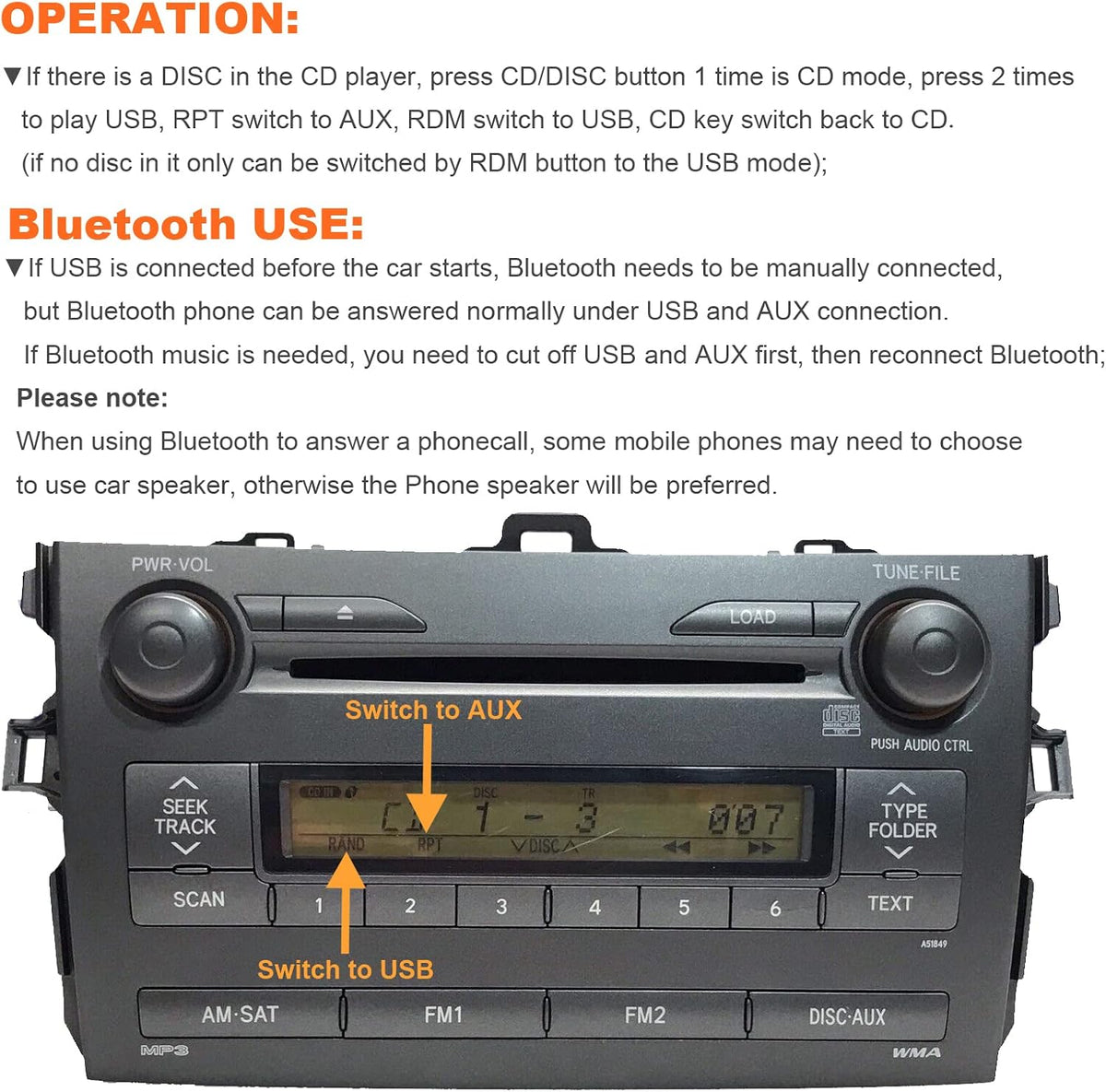Car Audio USB AUX Input Adapter with Bluetooth Handsfree for Toyota
