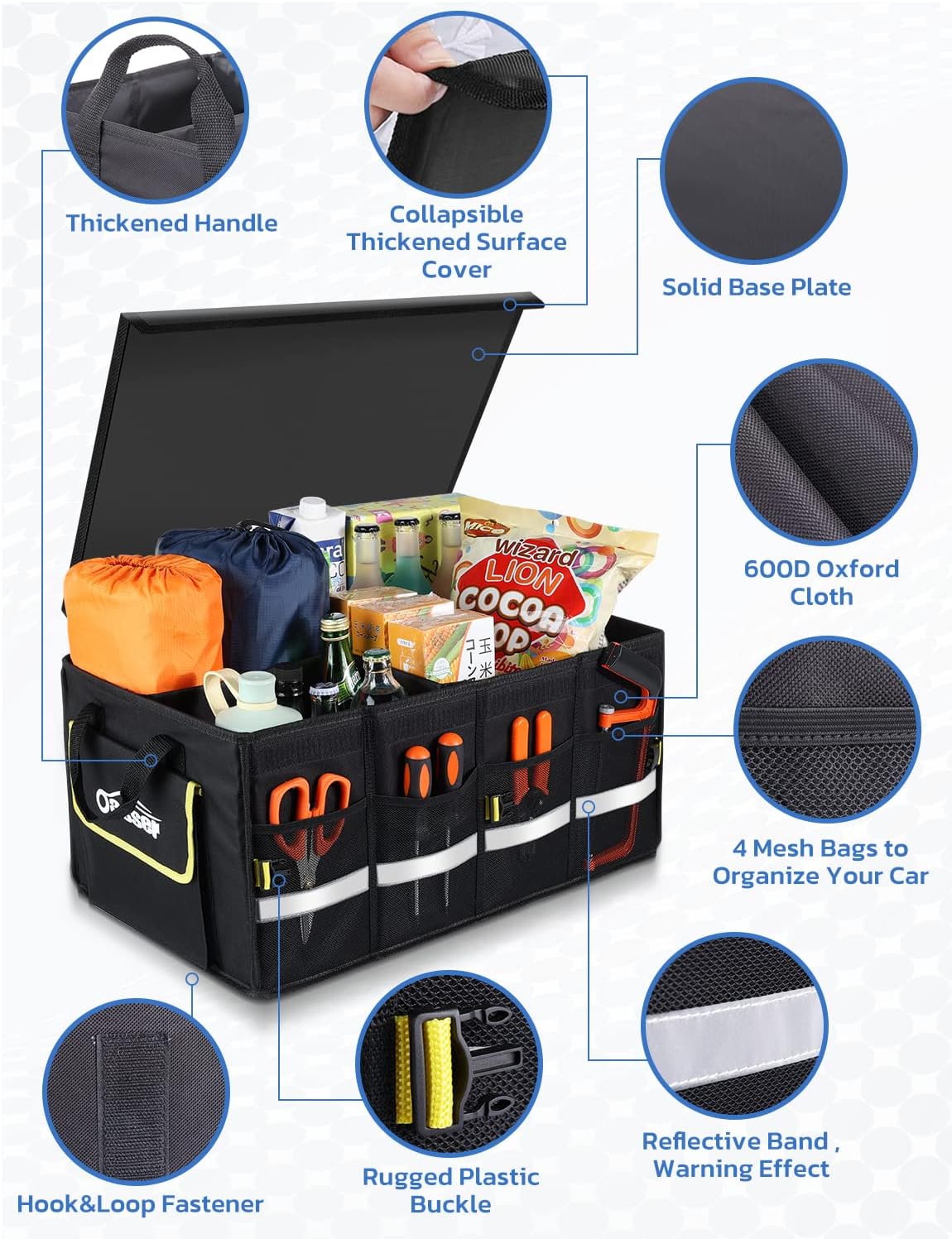 Oasser Car Trunk Organizer, 3 Compartments Collapsible Waterproof Car Organizer Storage with Foldable Cover, Reflective Strip, Non-Slip Bottom, 4 Mesh Pockets for SUV/Truck/Sedan/Camping/Road Trip