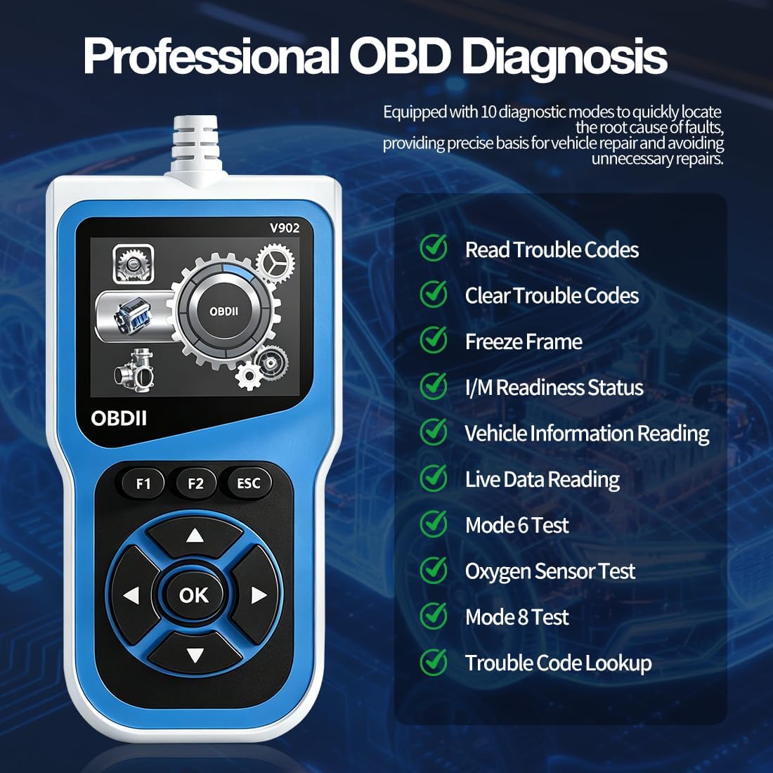 V902 OBD2 Scanner with AI Diagnostic Report, Car Code Reader, 2.8" HD Color Screen, 10 Full Diagnostic Modes, Read/Clear Fault Codes, Compatible with All 1996+ Cars, Trucks, SUVs, RVs