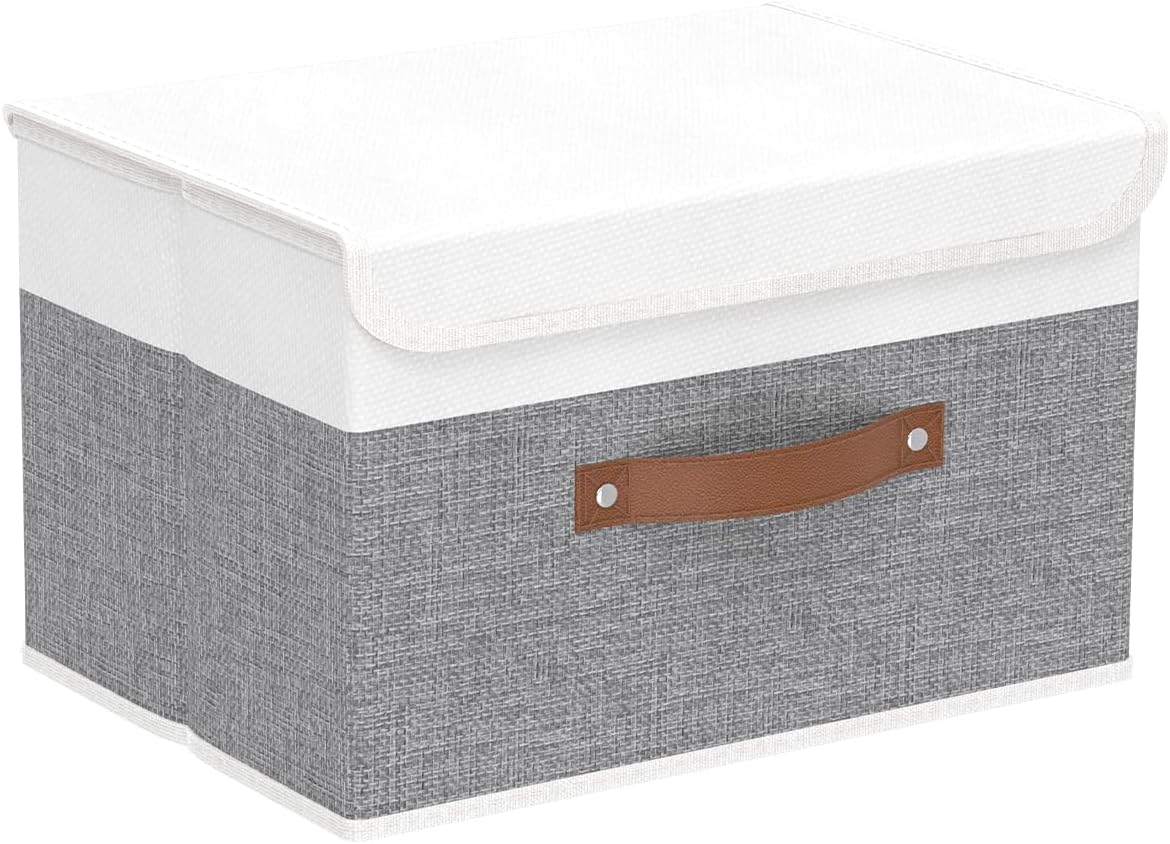 Yawinhe Collapsible Storage Bins, Decorative Storage Basket Boxes with Lids, Cube Closet Organizer Basket with Handles for Home Decor, Storage Containers for Organizing,Grey and White, SNK024WGN-1
