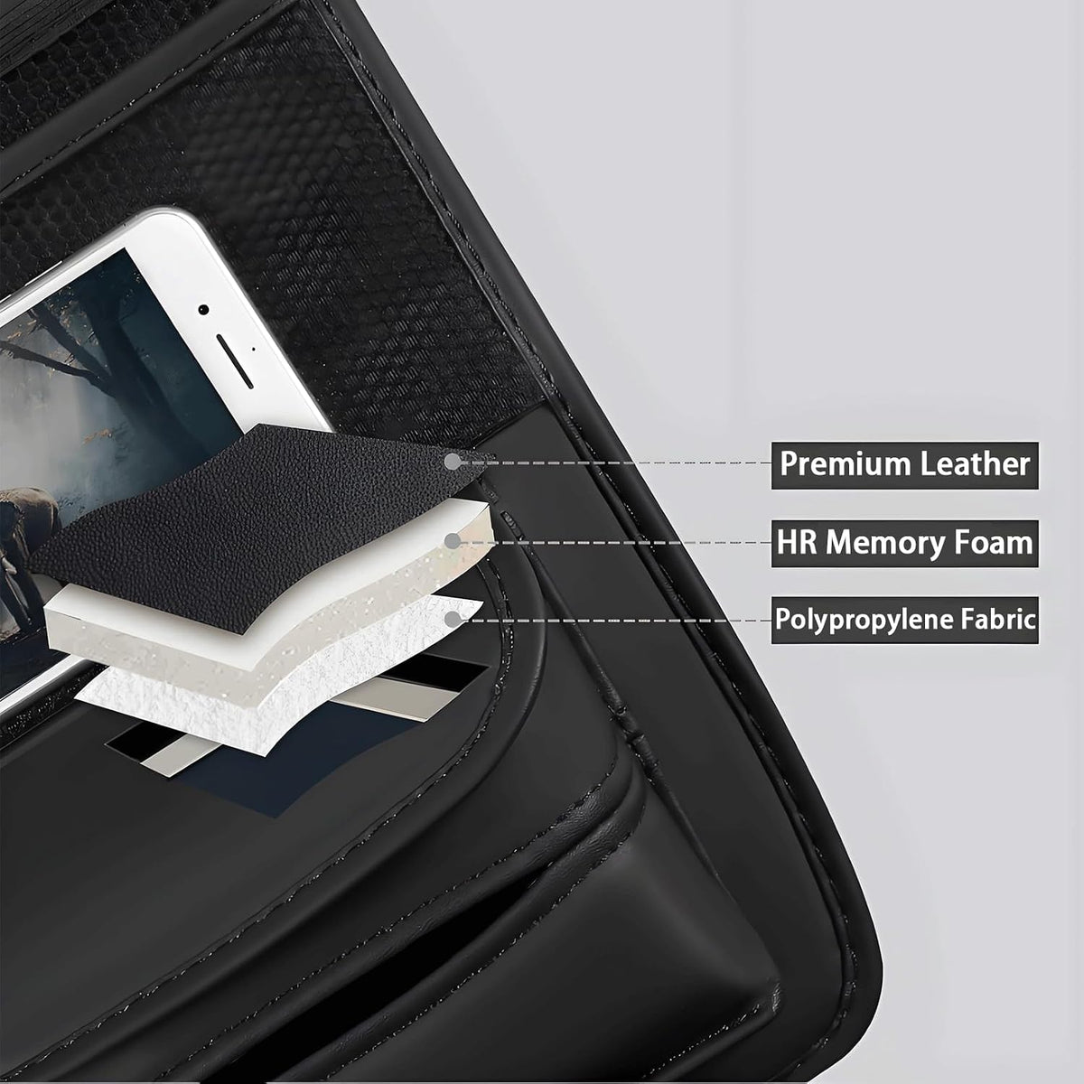 Car Organizer Storage Between Seats, Premium Leather Car Storage Bag Pocket Handbags Purse Holder with Tissue Box, Touch Screen Phone Holder, Console Front Seat Storage Barrier (Black)