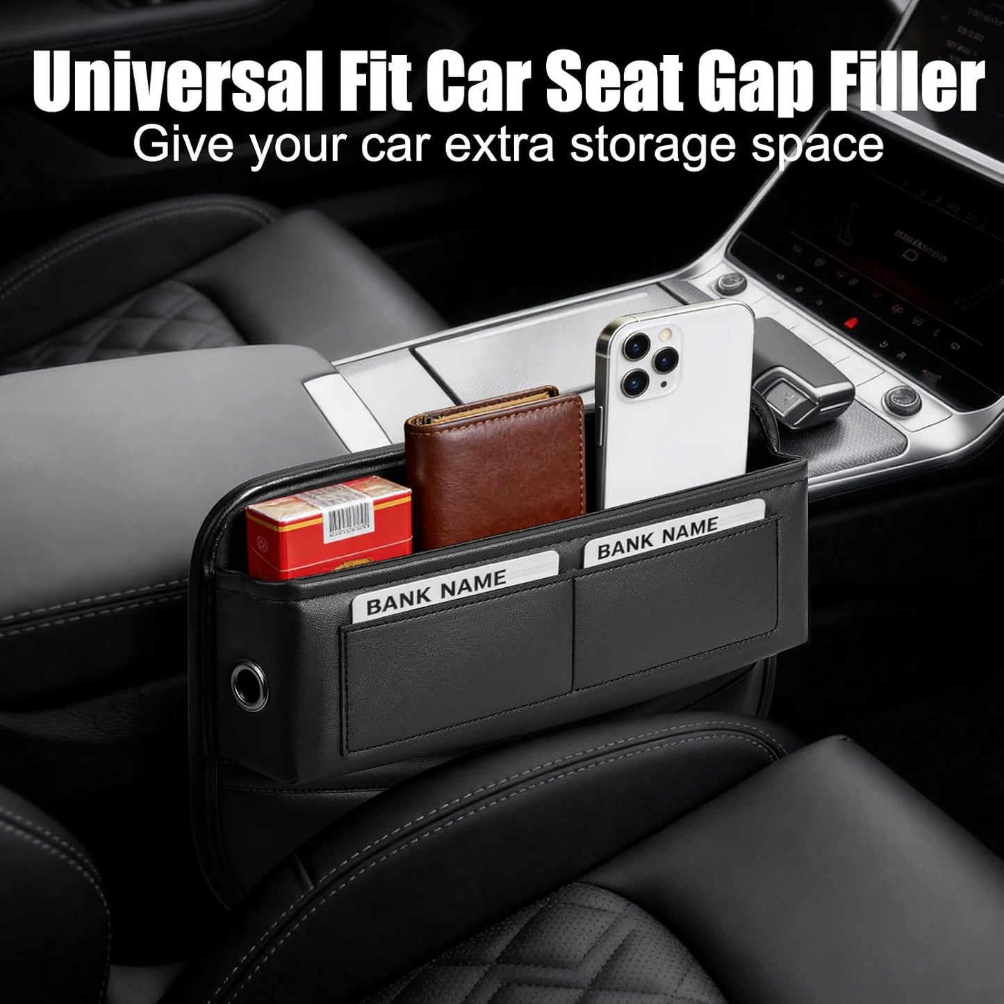 Car Seat Gap Filler Organizer, Universal Premium Leather Car Gap Filler with Card Slots for Front Seat Between Car Seat and Console Hold Phone, Sunglasses, Keys, fit for Car Suv Truck - 1 Pack, Black