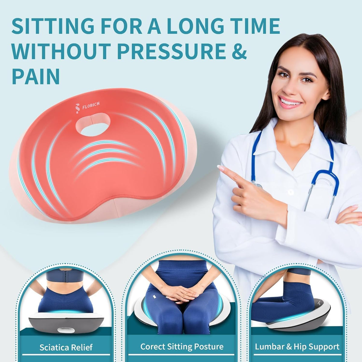 FLORICH Seat Cushion and Lumbar Support Pillow for Office Chair Car Neck Headrest Pillow Memory Foam Seat Pads Pressure Relief Back Cushion and Carseat Pads(Pink)