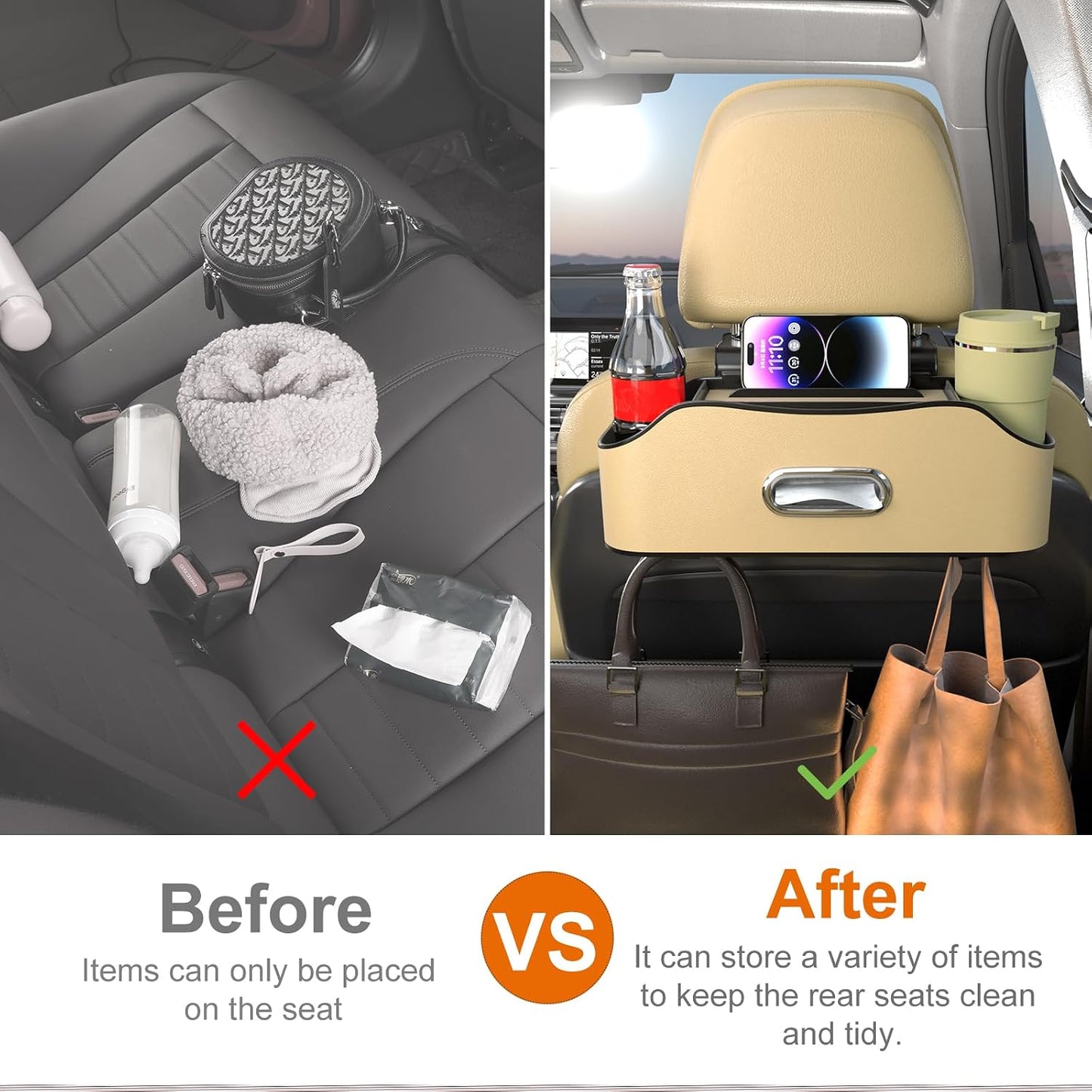 Back Seat Cup Holder for Car – Multifunctional Rear Seat Organizer with Drink Holders, Tissue Box Storage & Hooks, Fits Headrest for Auto, Family Travel Accessories. (Beige)