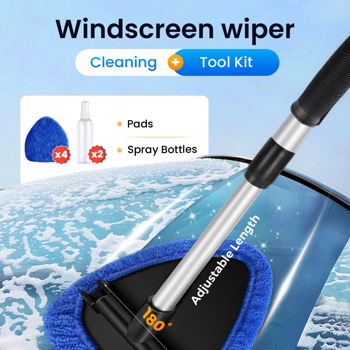 Windshield Cleaner Tool, 180 Degree Rotatable Inside Windshield Cleaning Set, Longer Extendable Windshields Cleaning Tool, Interior Exterior Window Cleaner Tool for Car, 4 Pads 2 Bottles (1, Blue)