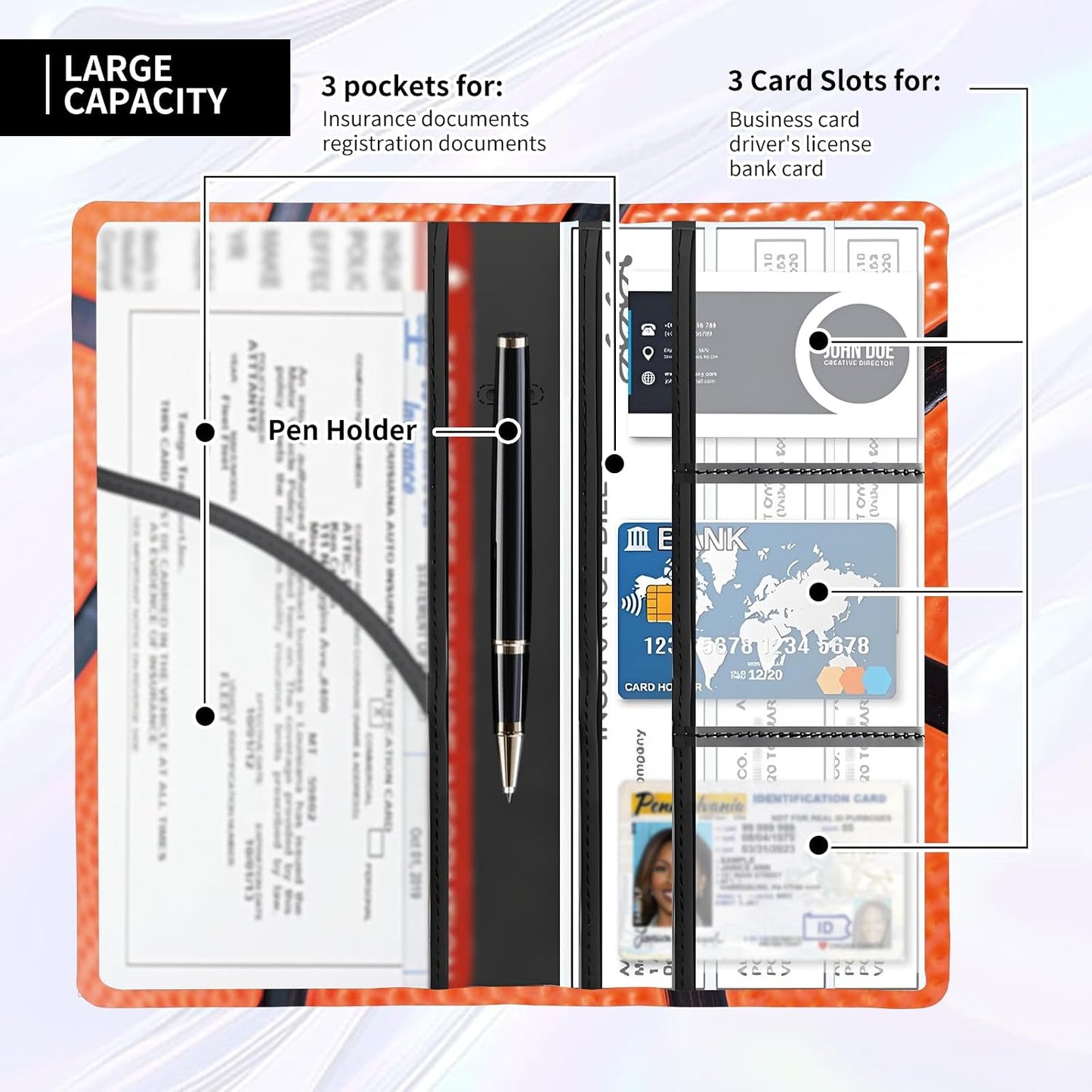 Leather Car Registration and Insurance Card Holder, Cute Car Accessories Vehicle Glove Box Car Organizer for Documents, Cards, License Funny Basketball Skin