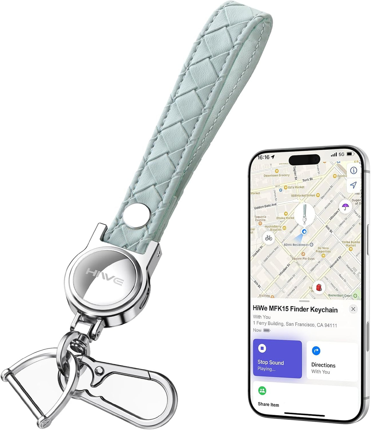 HiWe Anti-Lost Keychain, Works with Apple Find My, Carabiner Car Key Holder with Texture Leather Strap, Bluetooth Key Finder Tracker, USB-C Rechargeable, Green