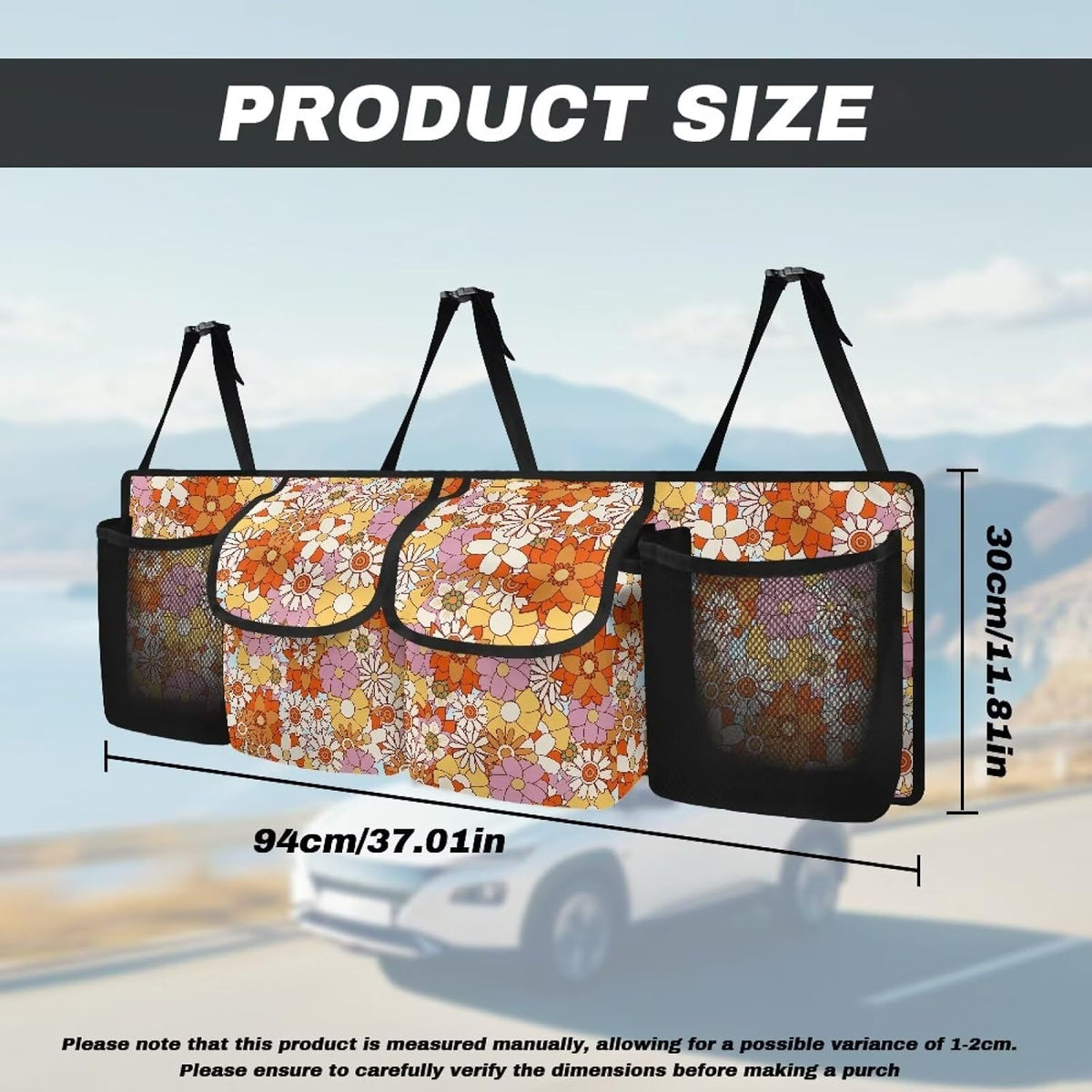 Hippie Flower Car Trunk Organizer,Backseat Hanging Large Storage with Adjustable Straps,Waterproof Collapsible Cargo Bag,Car Interior Accessories for Auto SUV