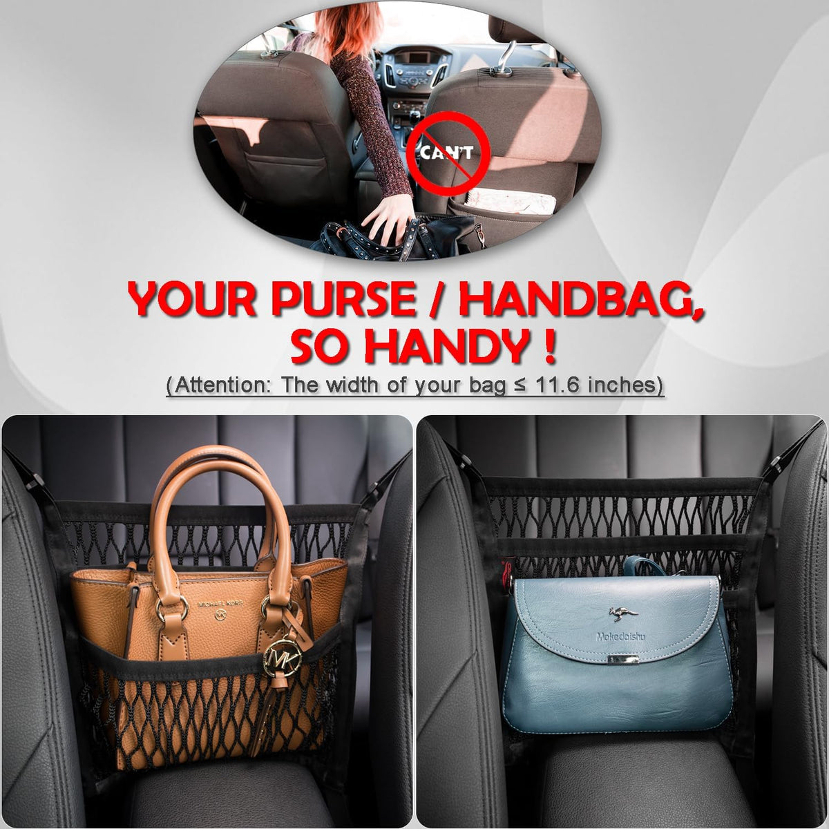 Car Organizer Between Front Seats, Purse Holder, Dog Barrier, Mesh Net Bag