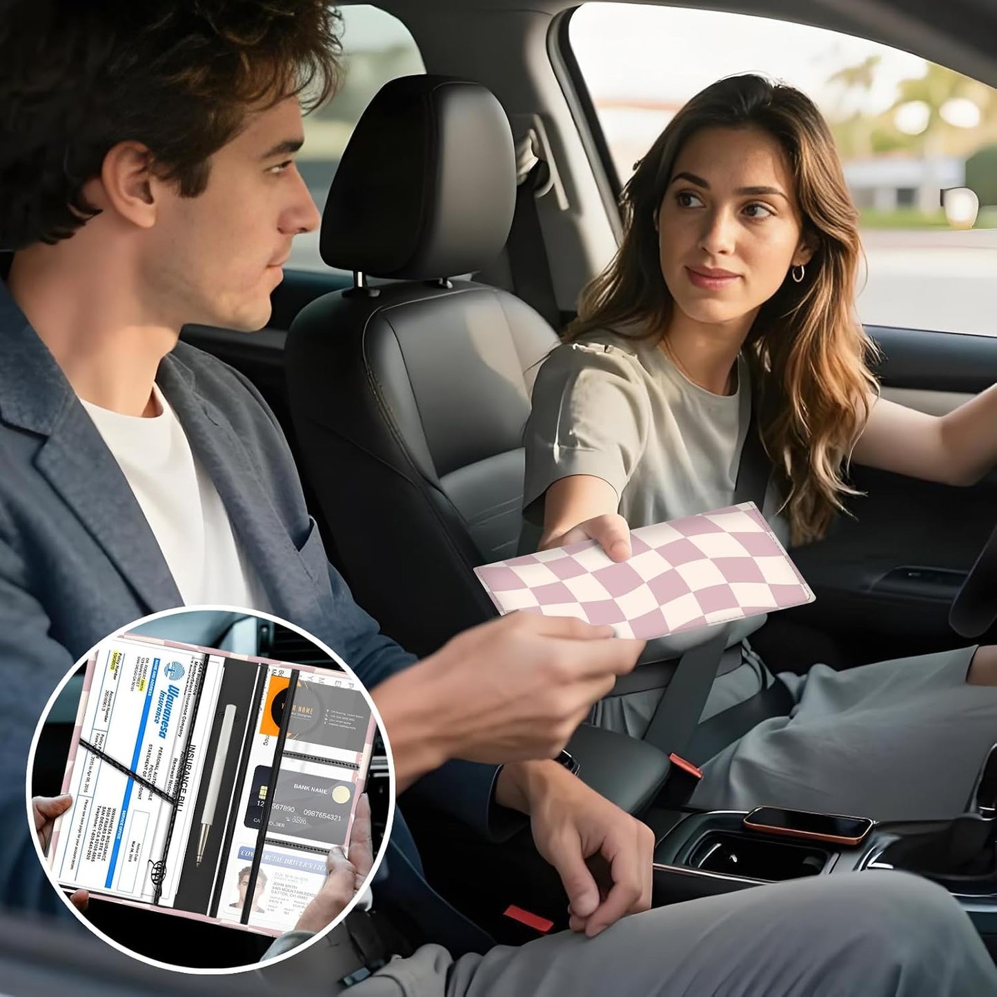 Car Registration and Insurance Holder with Magnetic Shut, Cute Vehicle Glove Box Car Organizer, Premium Interior Car Accessories for Women Men Pink Cute Checkerboard