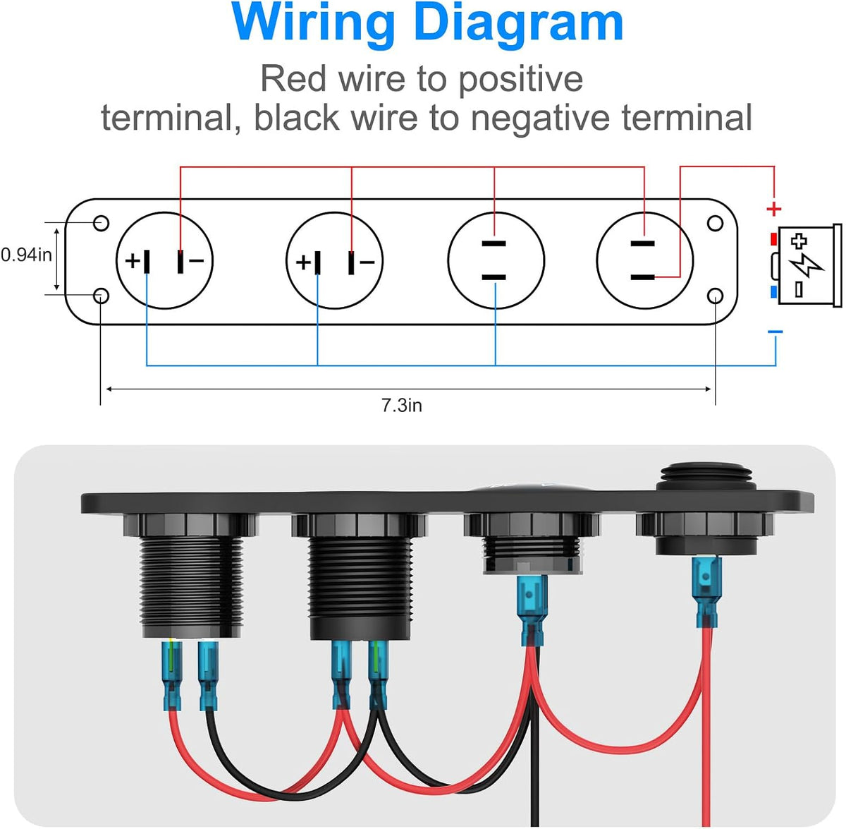 4 in 1-12V USB Outlet RV Accessories Marine Switch Panel Plug, PD3.0 and Dual QC3.0 Car USB Port Aluminum Charger, Lighted 150W Cigarette Lighter Socket, Blue LED Voltmeter and Toggle Switch DIY Kit