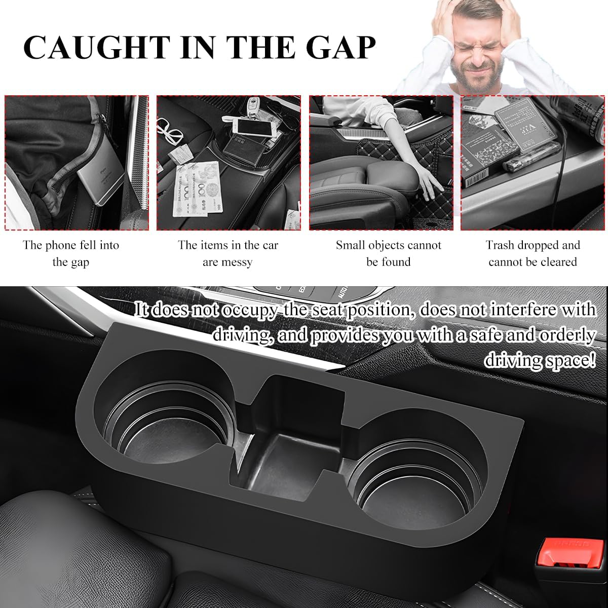 DXNQ Car Cup Holder Gap Filler Organizer, Multifunctional Auto Front Console Gap Filler with Cup Holder, Leather Extra Cup Holder Storage Box for Car Truck SUV, Car Accessories (Black/Plastic)