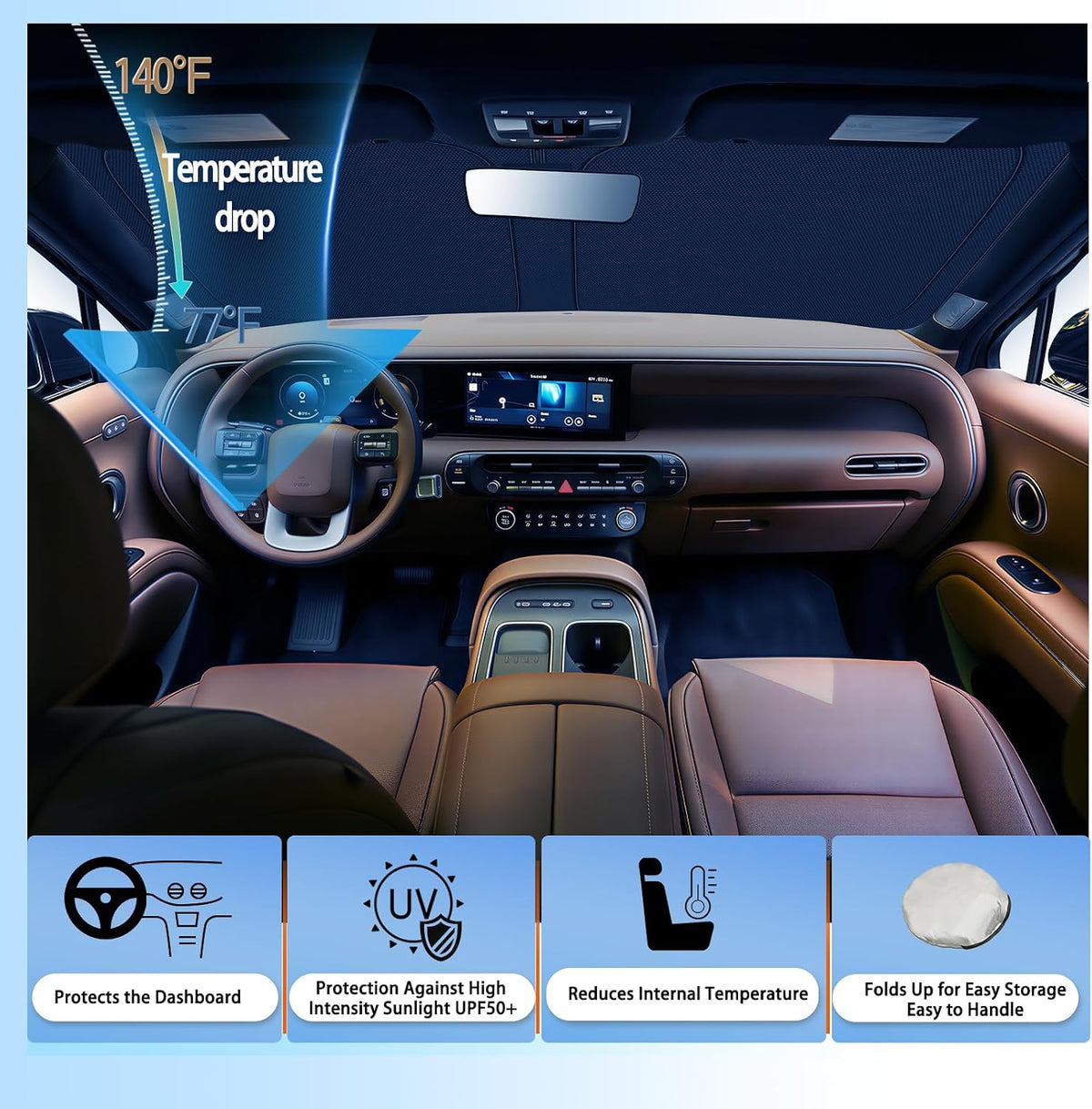 SHAOHAO for 2026 2027 Hyundai Palisade Car Windshield Sun Shade, for 2026 2027 Hyundai Palisade Accessories Foldable Front Window Sunshade Heat Reflective Interior Cool UV Ray Blocking Sun Protection