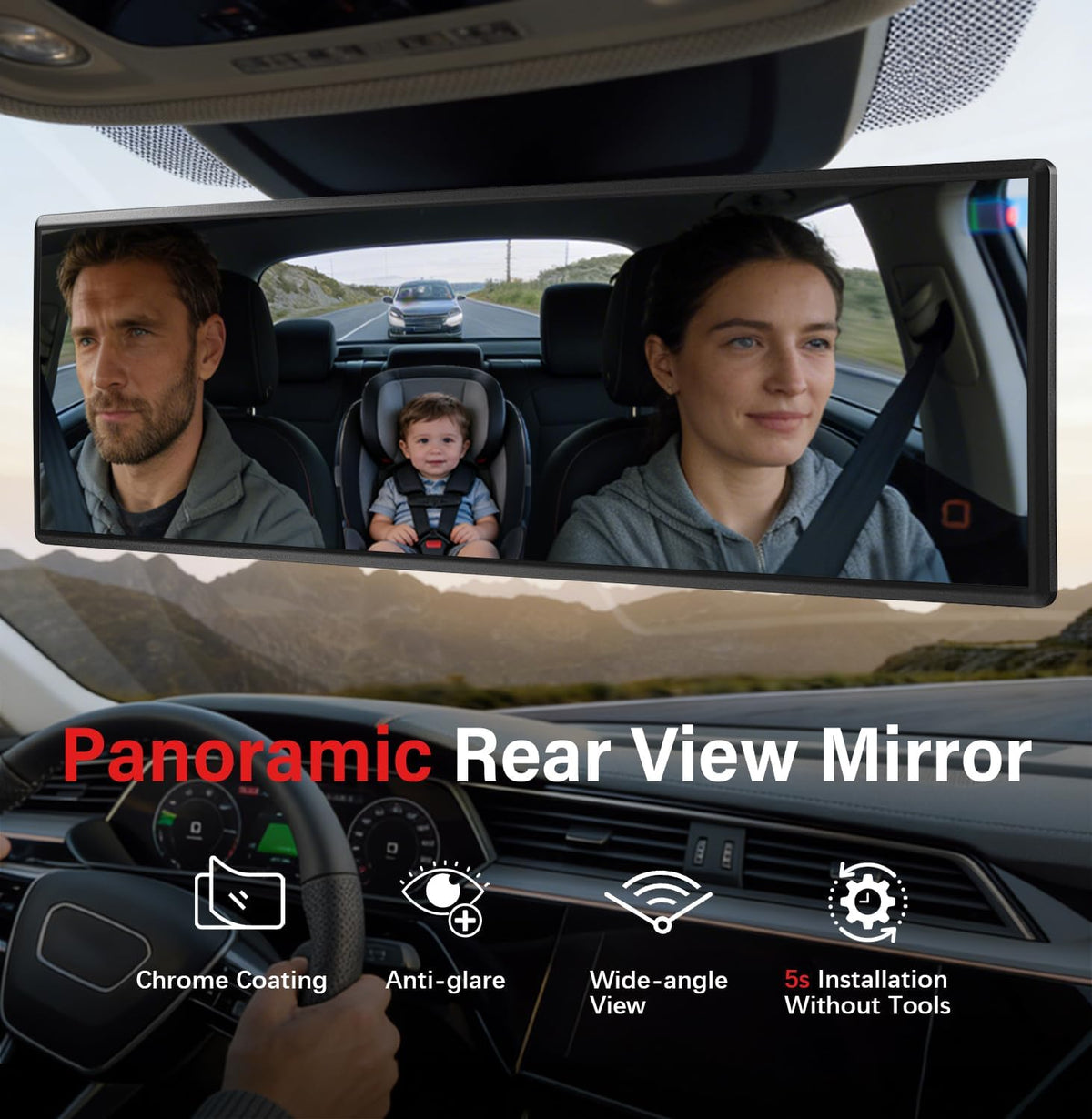 Rear View Mirror - Chrome Anti-Glare Panoramic Rearview Mirror 12 Inch Clip-On Convex Rearview Mirror, Reduces Blind Spots, HD Wide Angle,Shock Resistant for Cars, Trucks & SUVs (Light Chrome)