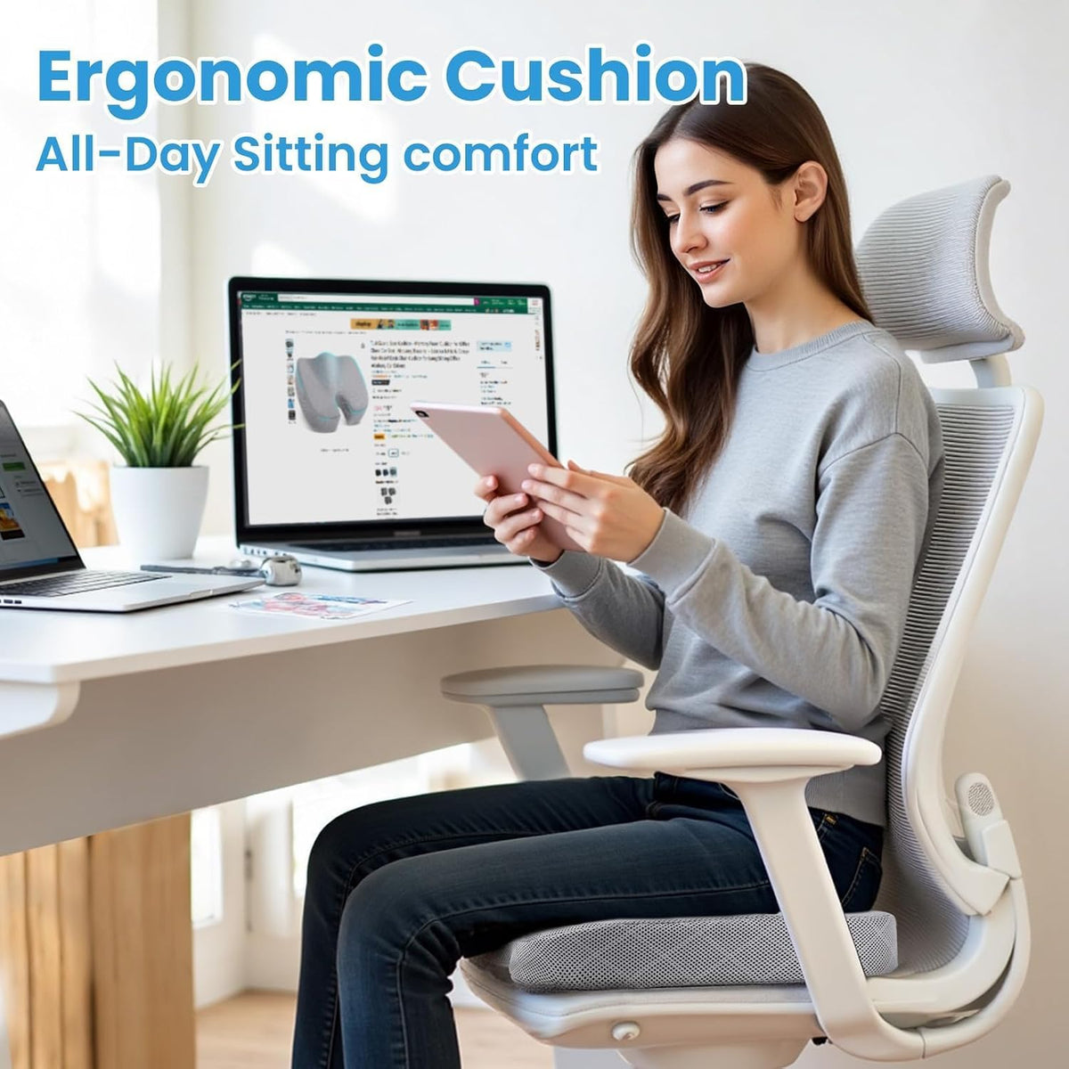 TushGuard Memory Foam Office Chair Seat Cushion - Light Grey, Large
