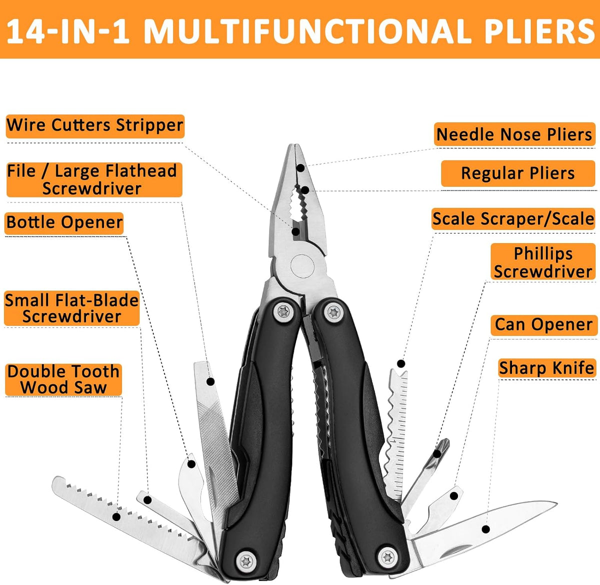 98 PCS Roadside Car Emergency Assistance Kit with Portable Air Compressor Jumper Cables Safety Hammer All in One Pliers Tool Set（Black）