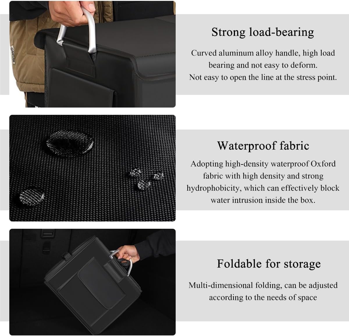 Trunk Organizer With Lid, Collapsible Waterproof Oxford Car Organizer with Aluminum Handle Base Plate, 2-Compartment 28L Sturdy Trunk Cargo Storage Organizer for RV SUV Truck (Black)