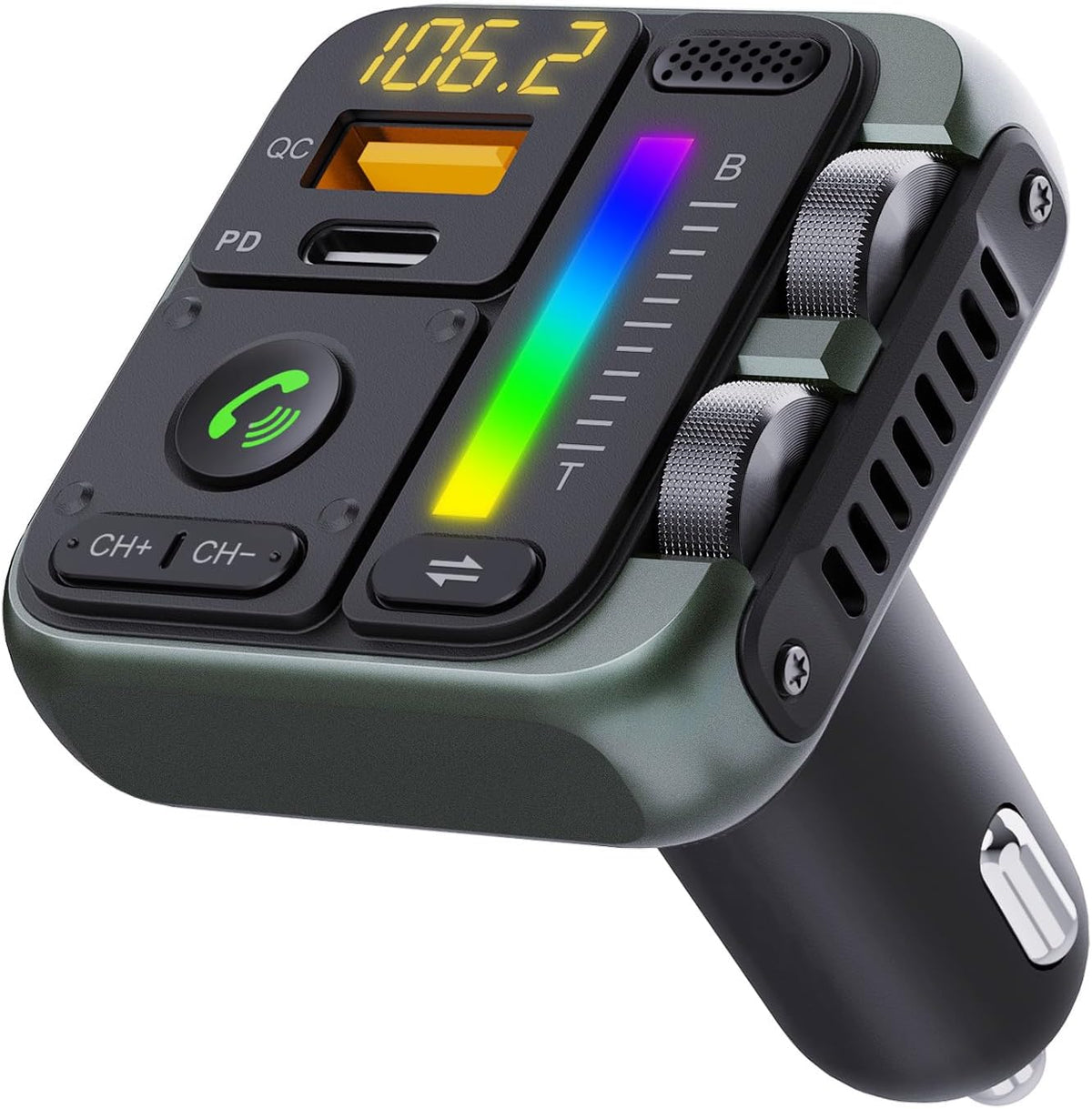 Bluetooth 5.0 Car FM Transmitter, QC3.0 Wireless Car Adapter Mp3 Music Player Car Kit with Hands-Free Calling, 7 Color LED Backlit Car Adapter