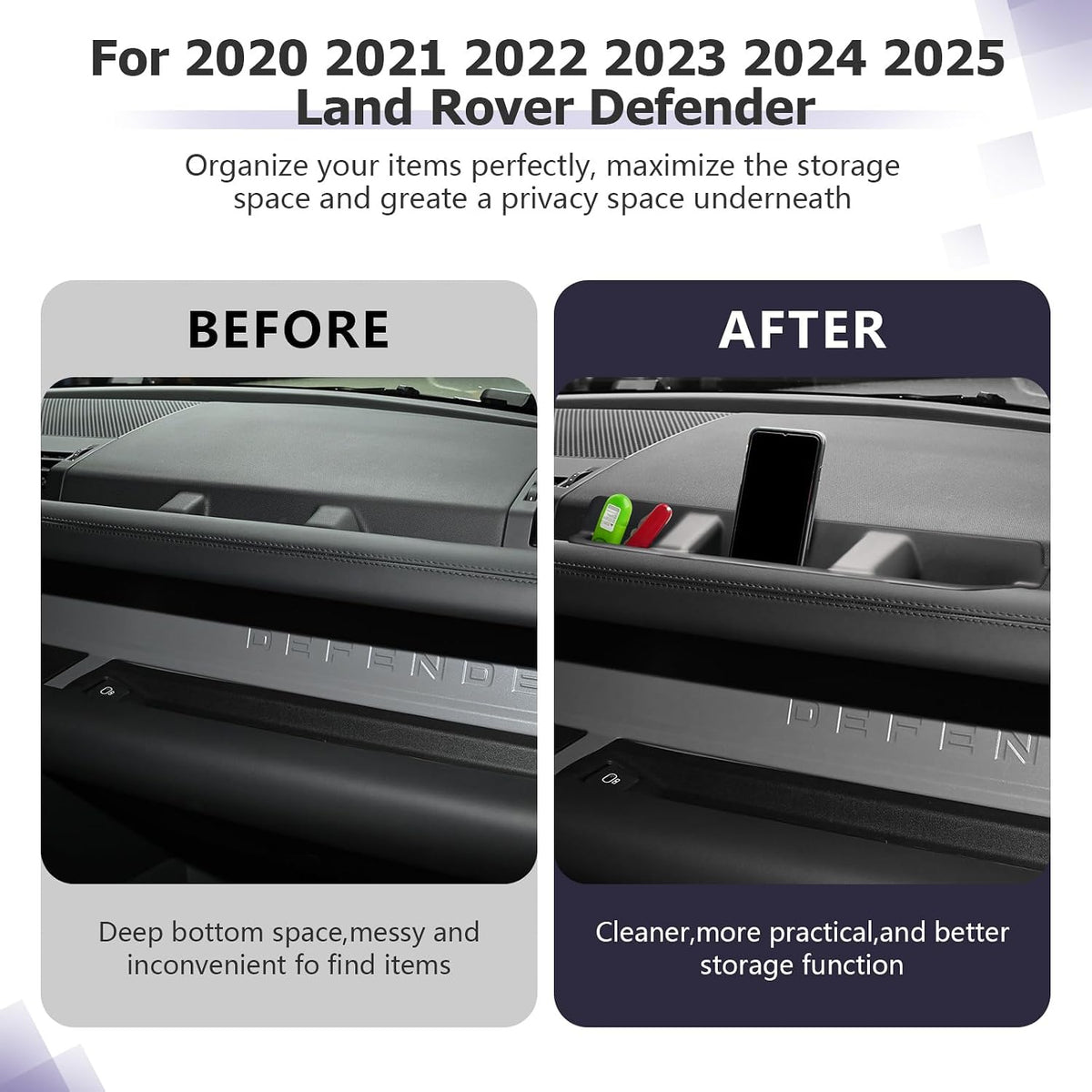 LUWU 2025 Defender Passenger Side Box Compatible with 2020 2021 2022 2023 2024 2025 Land Rover Defender Accessories Door Side Box Center Console Organizer Armrest Console Organizer Insert Tray