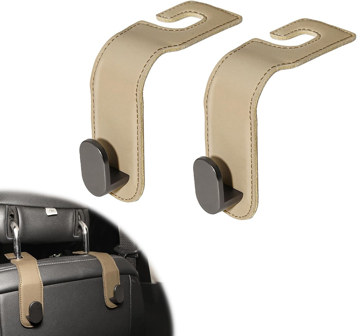 4 Pcs Car Headrest Hooks, Heavy-Duty PU Leather & Stainless Steel Car Seat Organizer for Purses & Bags, Supports Up to 44 lbs