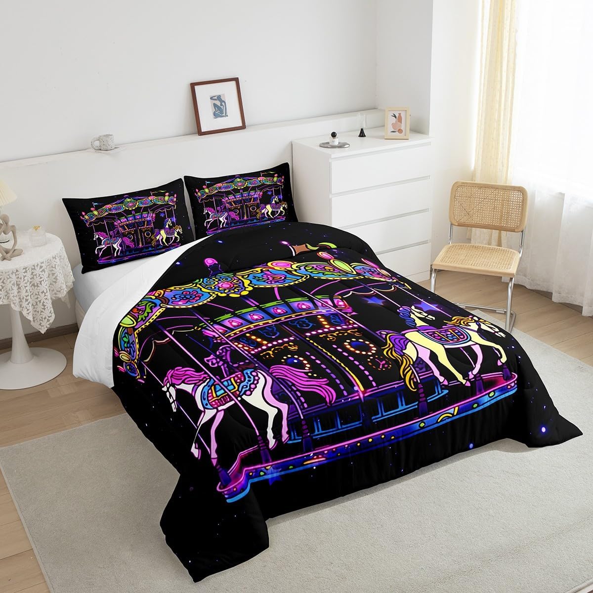 Amusement Park Circus Theme Bedding Set Full Size,Kids Carousel Comforter Set Girls Boys Teens Room Decor Cartoon Animals Horse Print Quilt Set Romantic Dreamy Black Purple Duvet Insert,2 Pillowcases