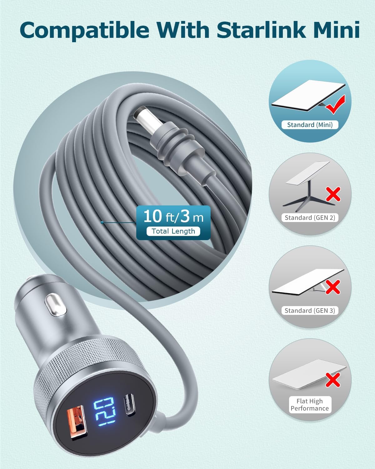 Starlink Mini Car Adapter 3M/10FT 3 in 1 Starlink Mini 12V DC Power Cable