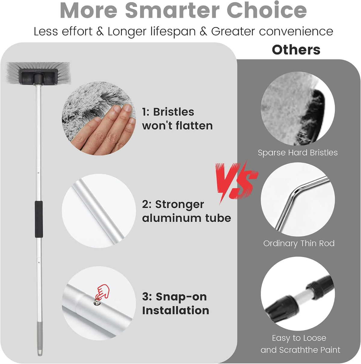Car Wash Brush with Long Handle, 60'' Soft Bristle Cleaning Brush, Car Cleaning Brushes, Carwash Brushes for SUV, RV, Boat, Truck, House Siding, Sweep Snow, Gray