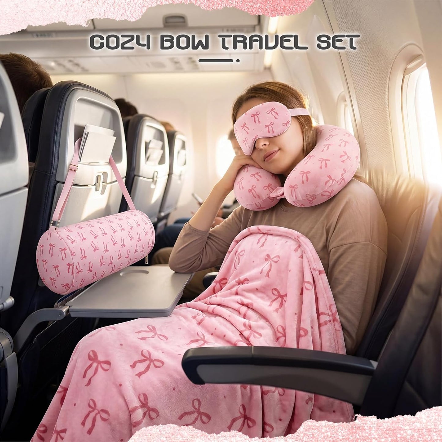 Moukeren 4 Pcs Pink Bow Travel Pillow and Blanket Set Memory Foam Neck Pillow Flannel Blanket Eye Mask Pink Bow Storage Bag for Airplane Essentials Car Train Travel for Girls Women Sleeping